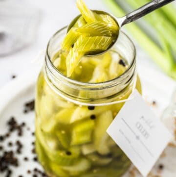 Jar of Pickled Celery, with a spoon lifting some pieces of celery out of it.