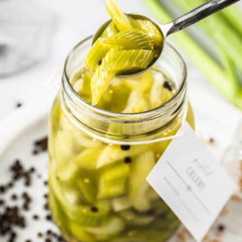 Jar of Pickled Celery, with a spoon lifting some pieces of celery out of it.