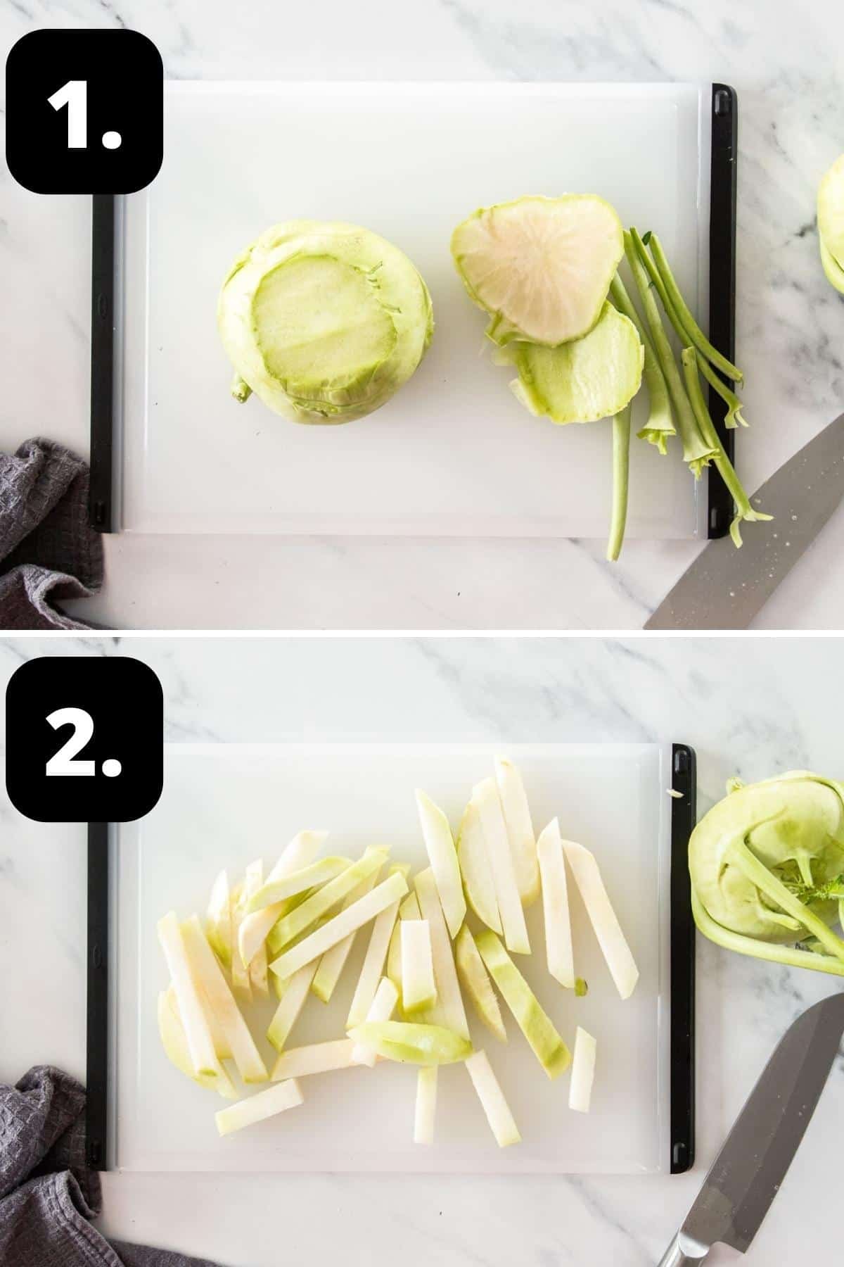 Steps 1-2 of preparing this recipe - peeling the kohlrabi and cutting it into pieces.