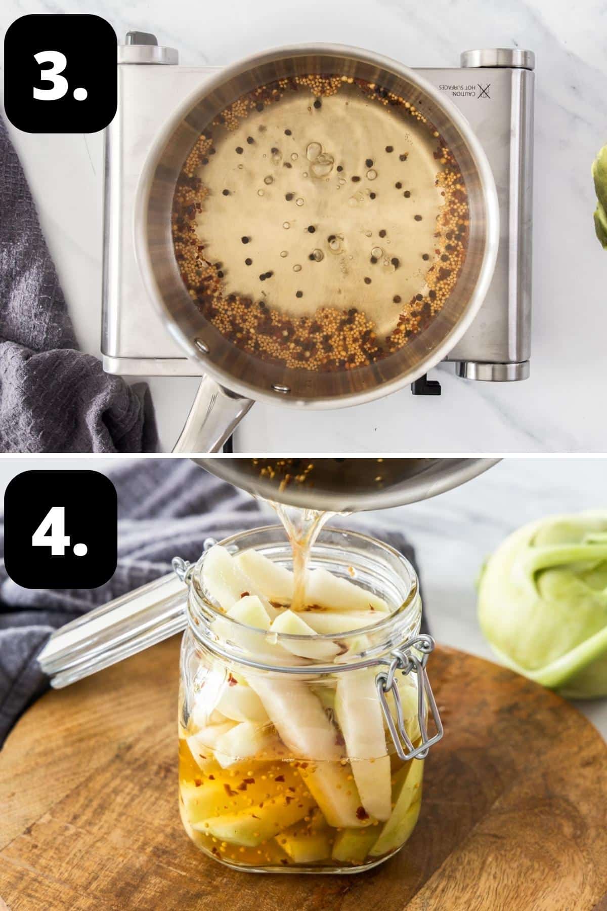 Steps 3-4 of preparing this recipe - the pickling liquid in a saucepan and adding the liquid to the jar of kohlrabi pieces.