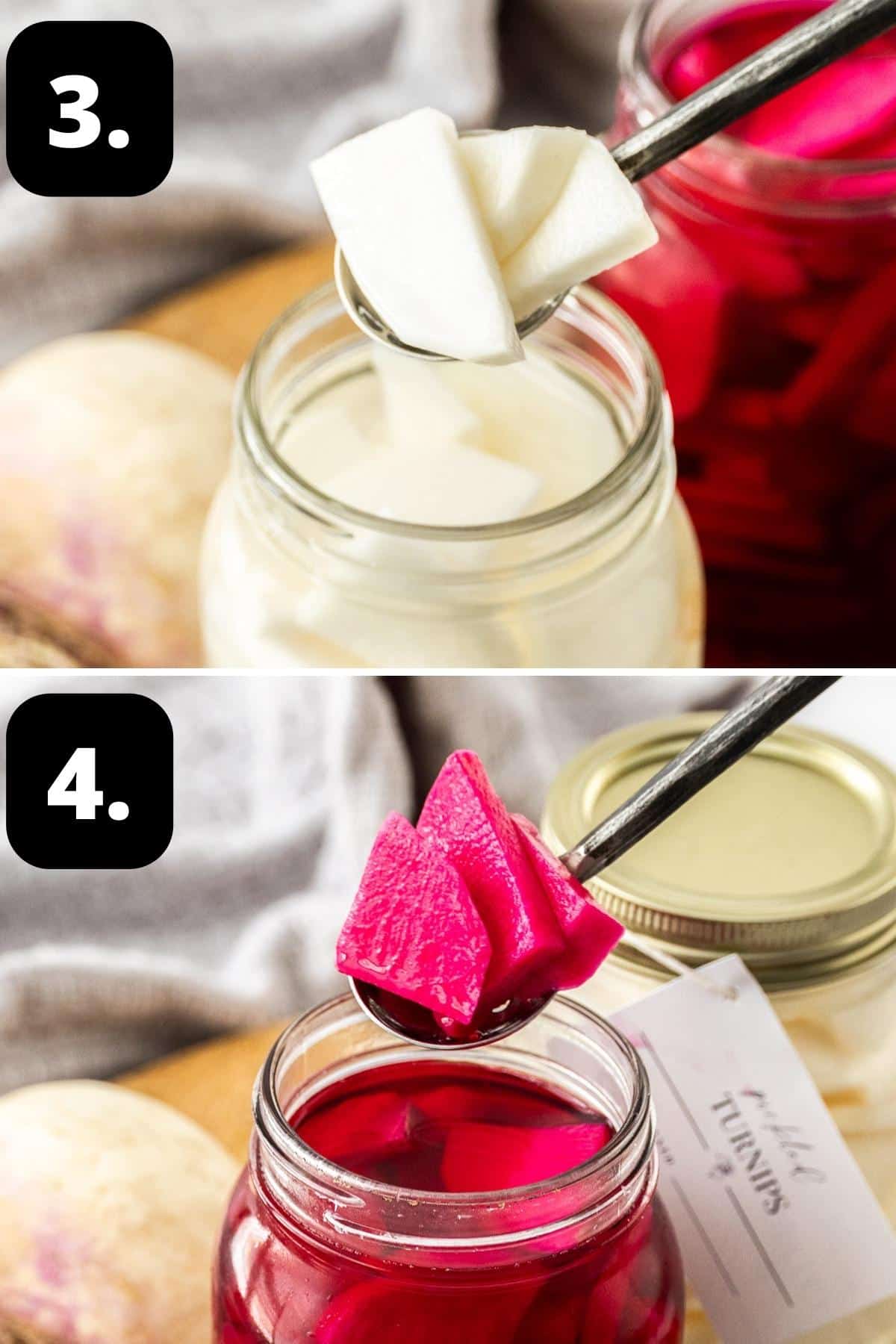 Steps 3-4 of preparing this recipe - the pickled turnips without and with beetroot, being lifted out of their jars.