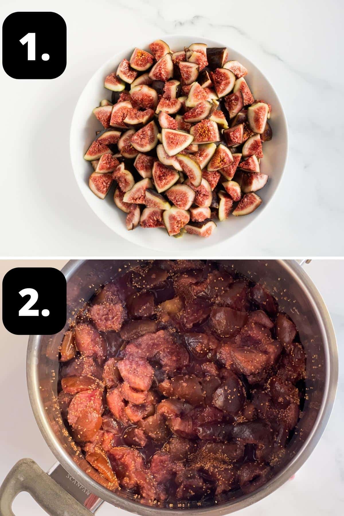 Steps 1-2 of preparing this recipe - a dish of the figs cut into small pieces and the cooked softened figs in a saucepan.