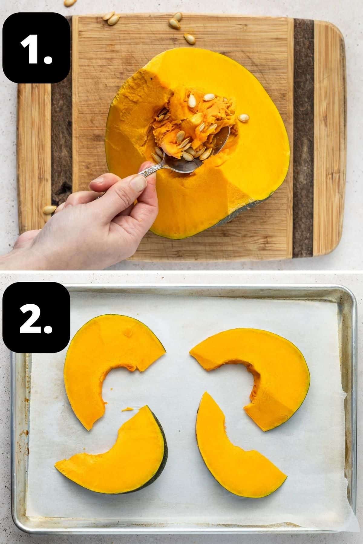 Steps 1-2 of preparing this recipe - scooping the seeds out of a piece of pumpkin, and slices of pumpkin on a baking tray.