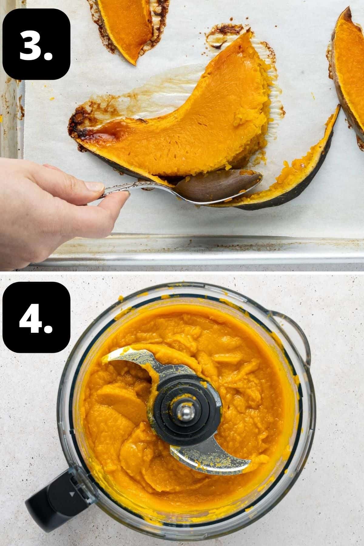 Steps 3-4 of preparing this recipe - removing the skin from the cooked pumpkin and pureeing the mixture in a food processor.