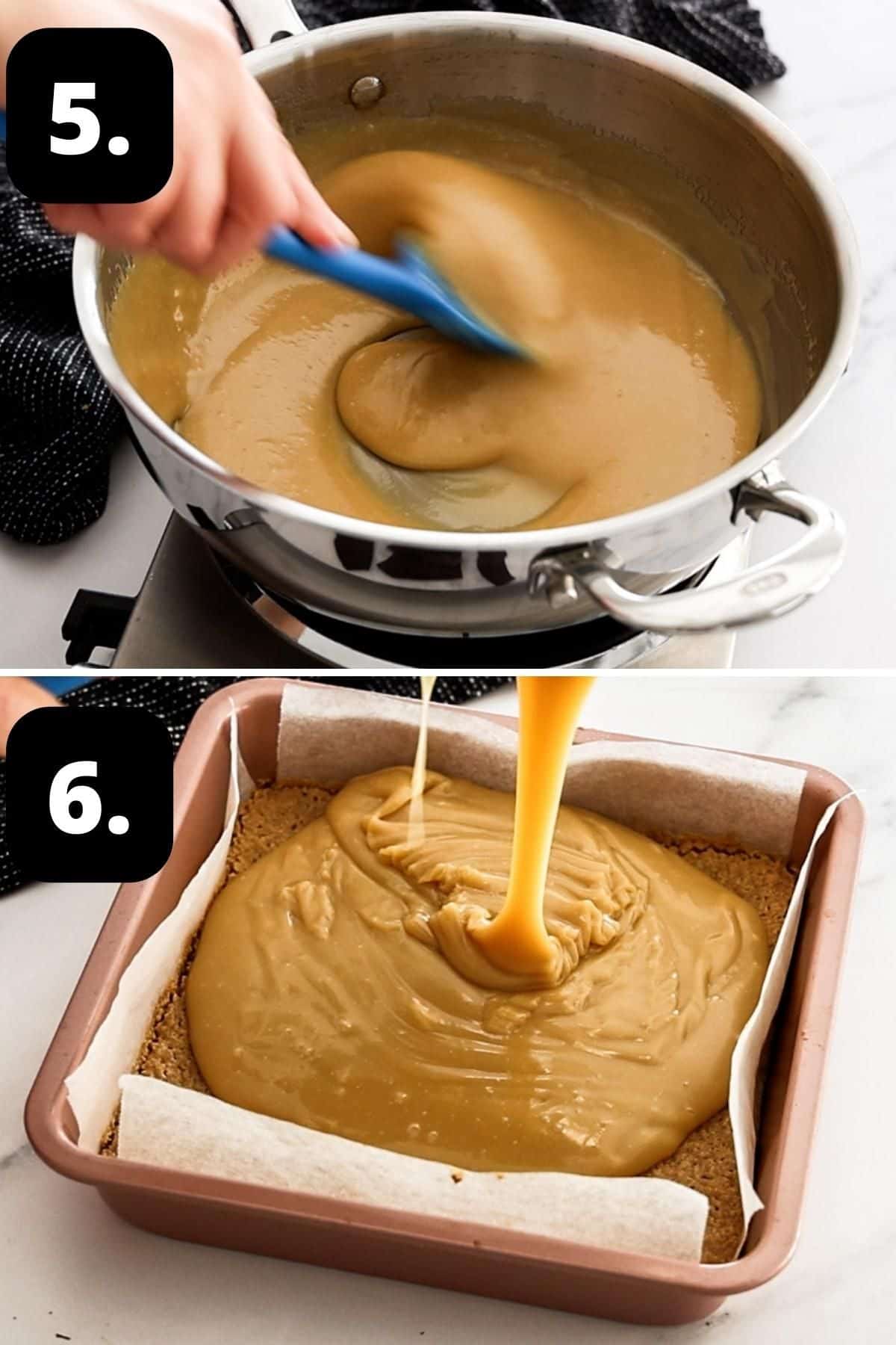 Steps 5-6 of preparing this recipe - the cooked caramel and pouring the caramel onto the base.