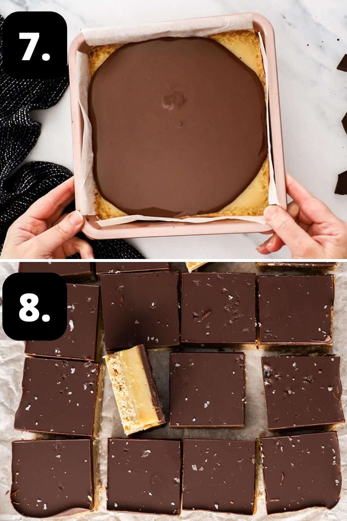 Steps 7-8 of preparing this recipe - coating the baked slice with melted chocolate and the slice cut into squares.