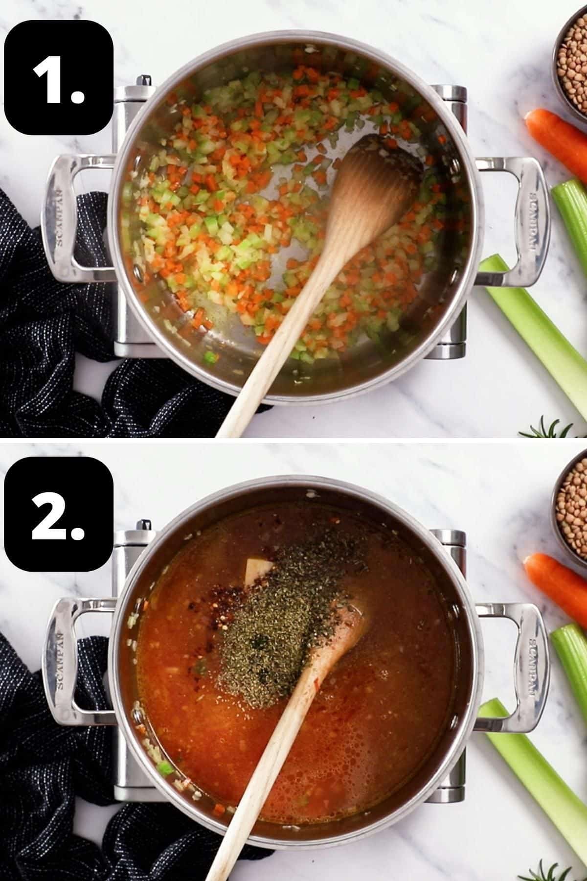 Steps 1-2 of preparing this recipe - sautéing the vegetables and adding the tomato and herbs to the saucepan.