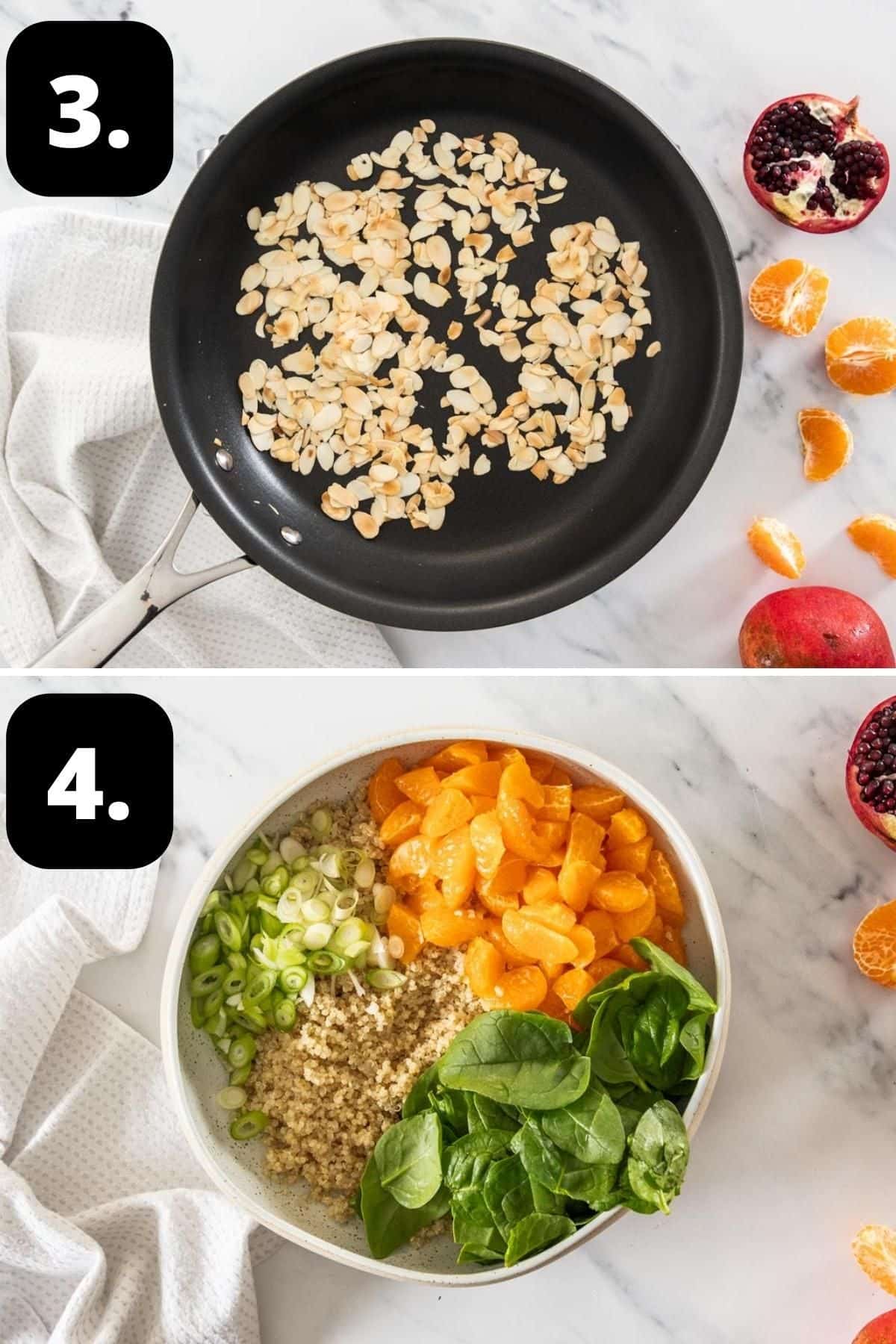 Steps 3-4 of preparing this recipe - toasting the almonds in a frying pan and the ingredients for the salad in a large bowl.