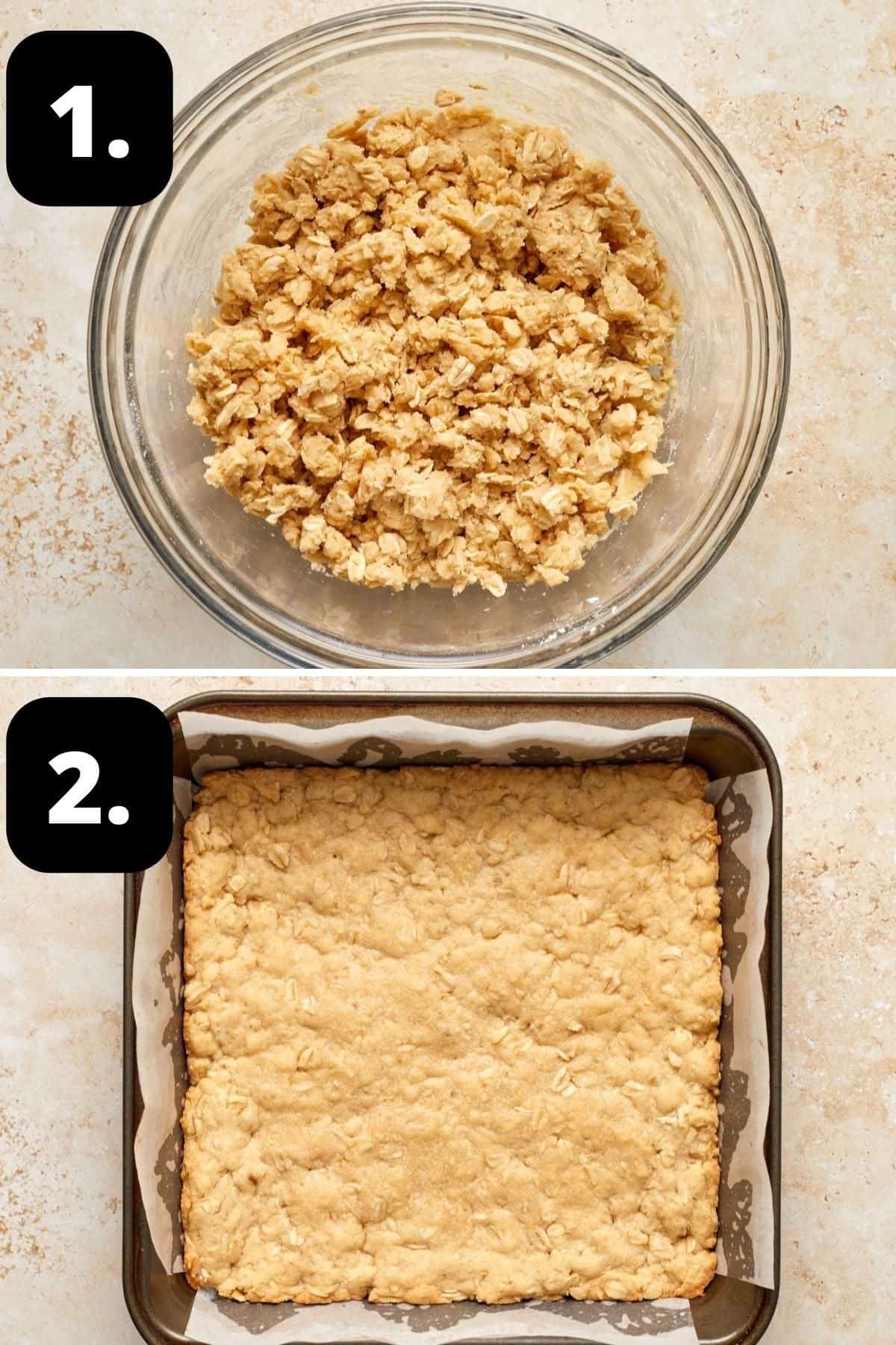 Steps 1-2 of preparing this recipe: preparing the base/topping mixture in a glass bowl and the cooked base in the tin.