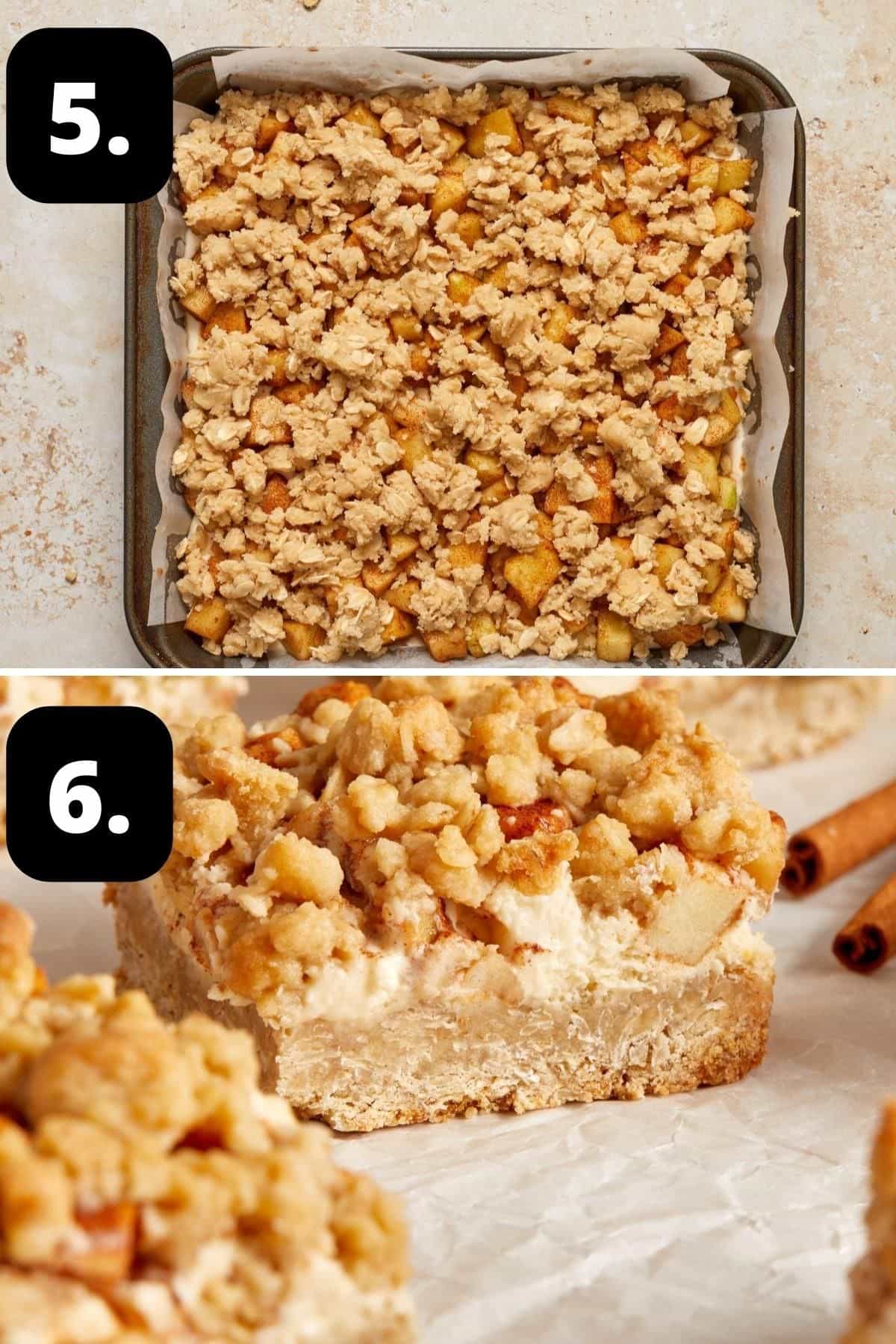 Steps 5-6 of preparing this recipe: the bars topped with the apple and crumble ready for the oven and the cooked cut bars.
