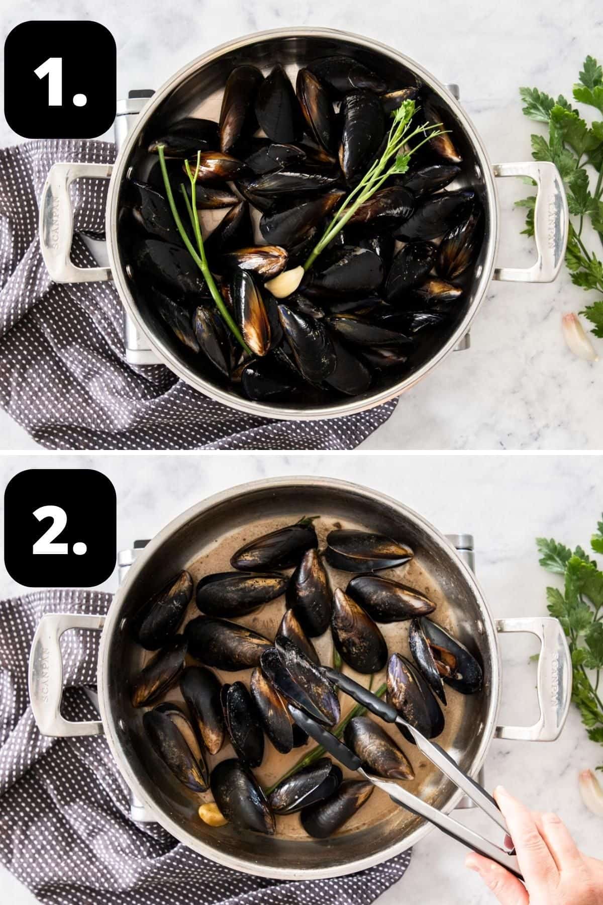 Steps 1-2 of preparing this recipe: adding the mussels to a pot and removing them once they have opened.