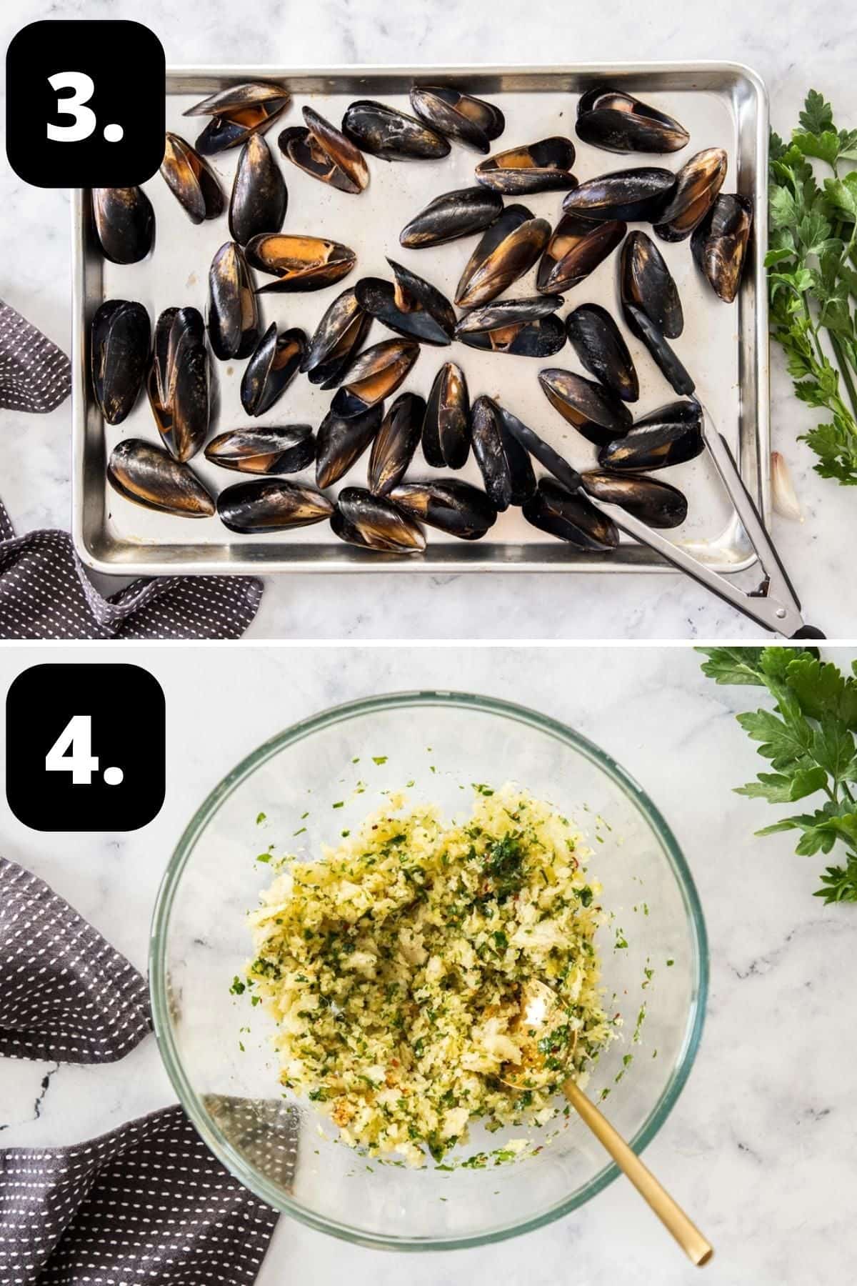 Steps 3-4 of preparing this recipe: the cooked mussels on a baking tray and preparing the bread crumb topping in a glass bowl.