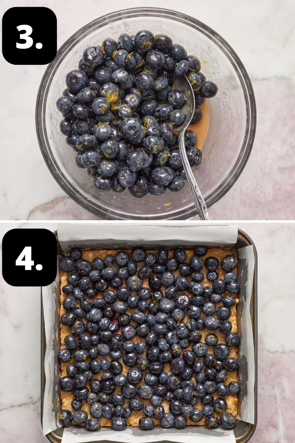 Steps 3-4 of preparing this recipe: the blueberries being tossed in a bowl and on top of the base.