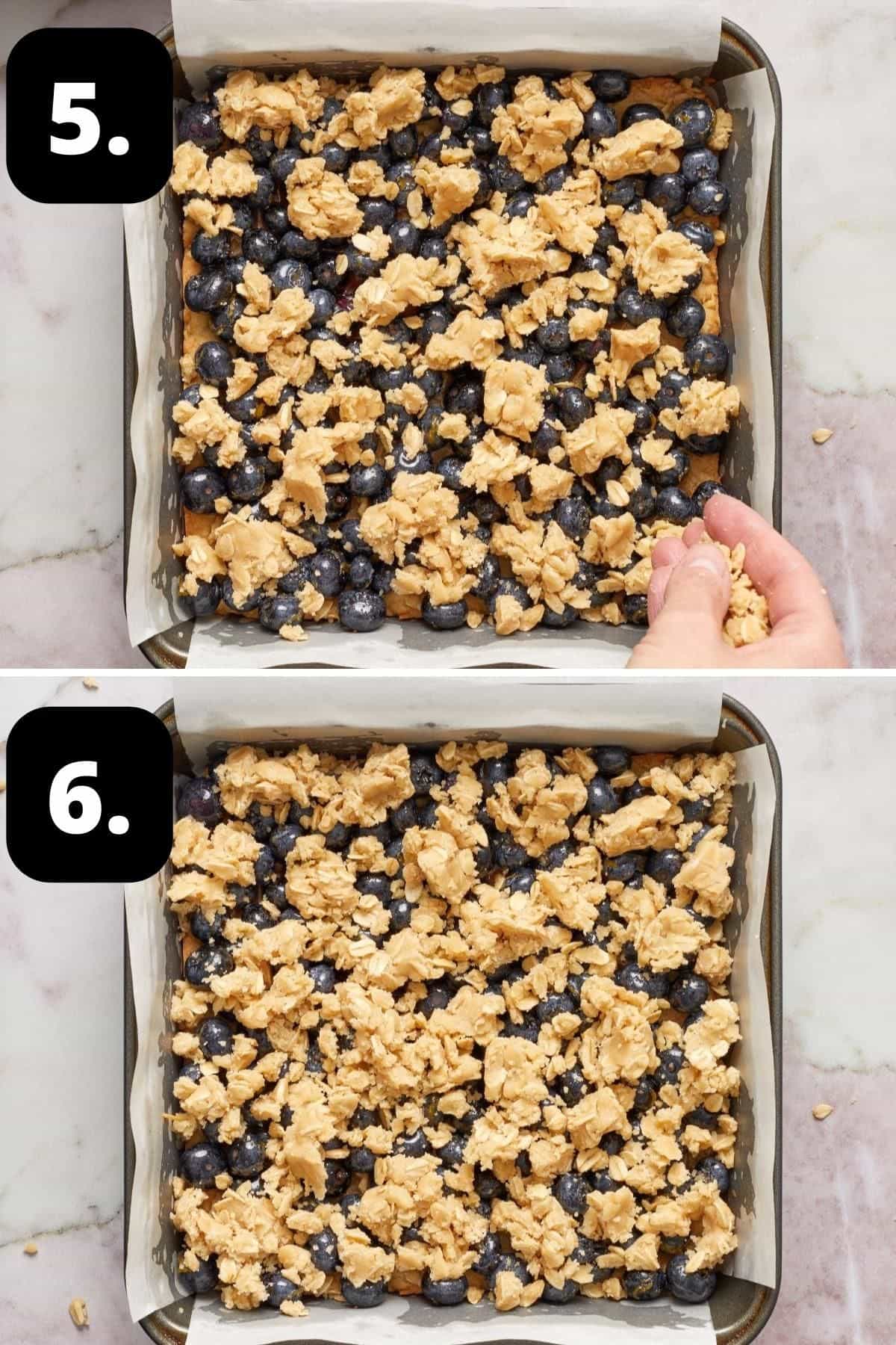 Steps 5-6 of preparing this recipe: crumbling the topping over the blueberries and base and the bars ready for the oven.