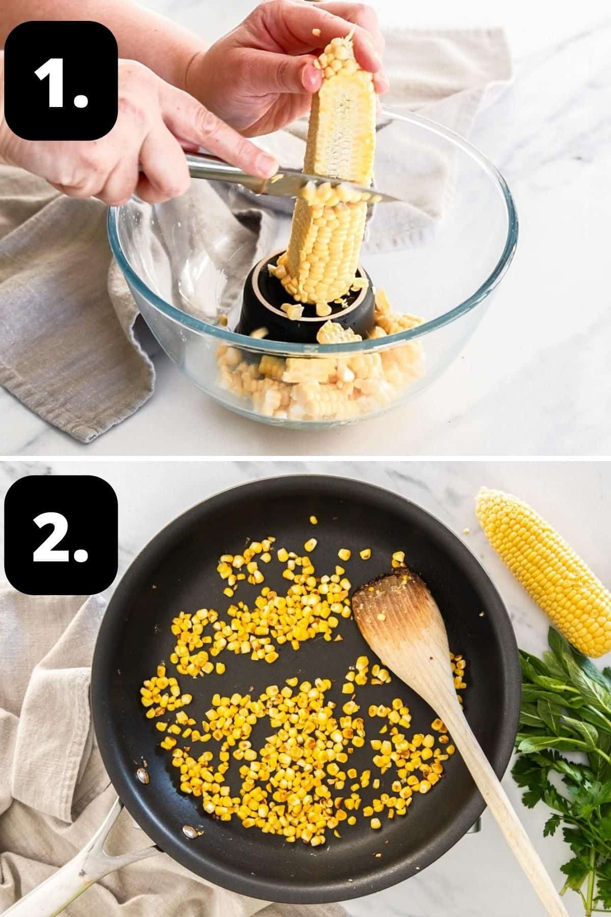 Steps 1-2 of preparing this recipe: removing the corn kernels from the cob and sautéing in a frying pan.