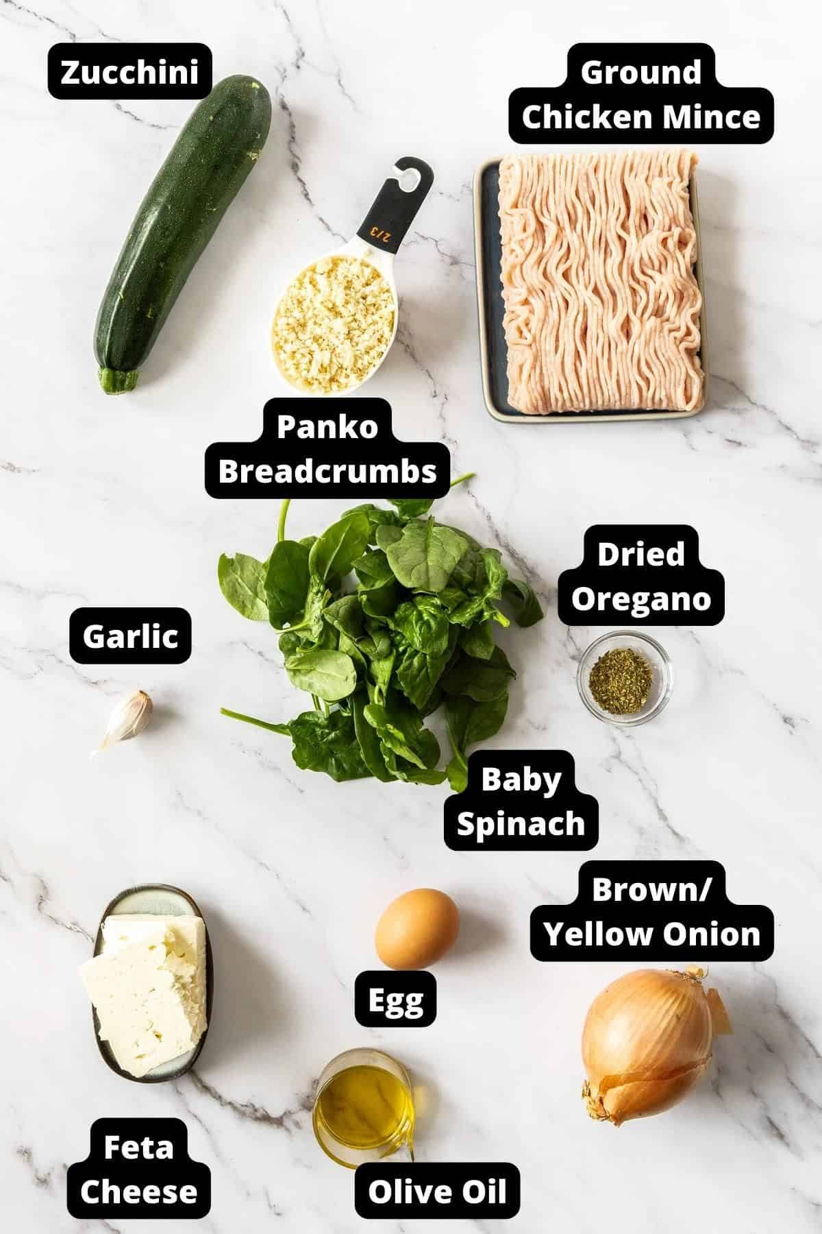 Ingredients in this recipe on a white marble background.