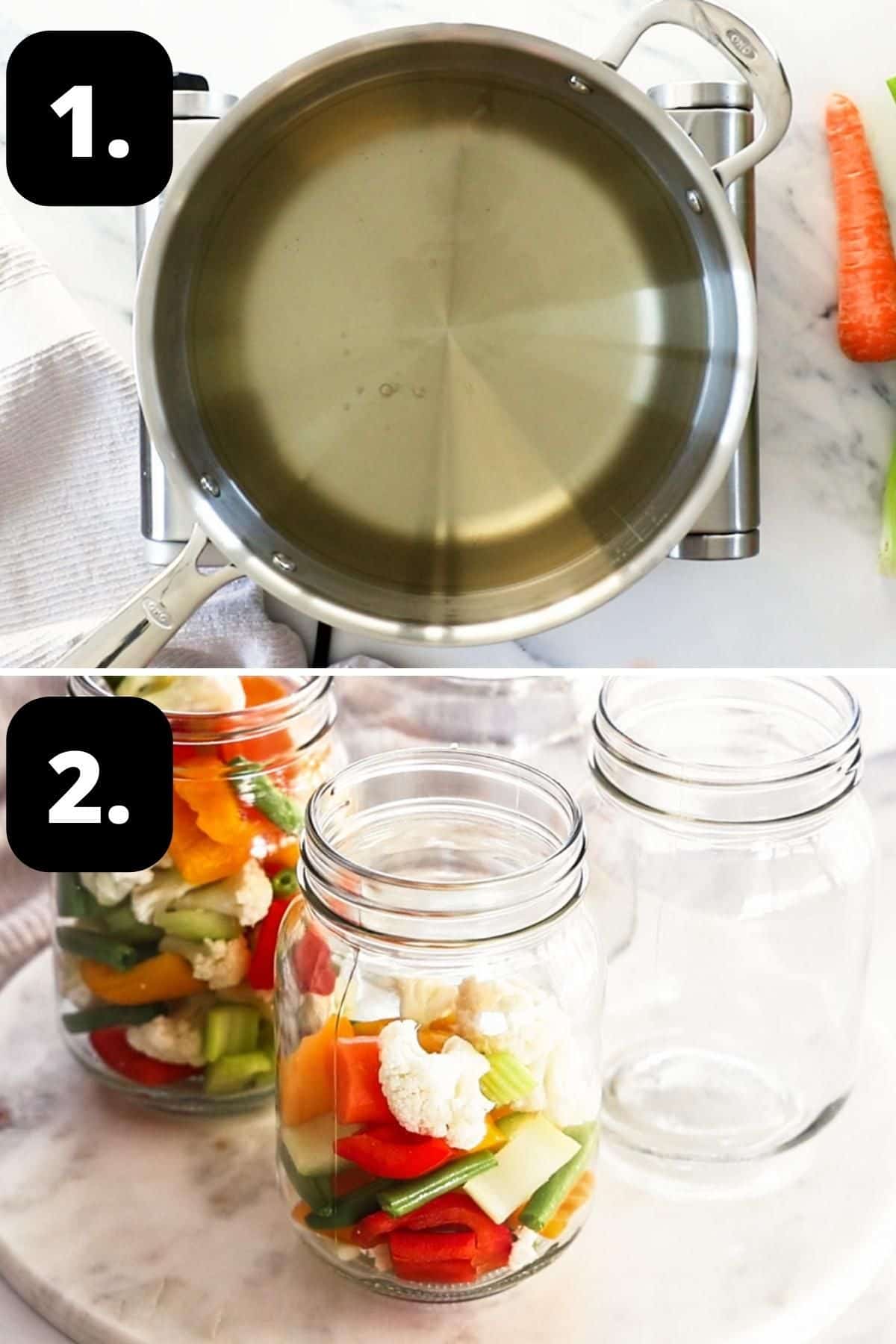 Steps 1-2 of preparing this recipe: making the pickling brine in a saucepan and starting to fill the jars with vegetables.