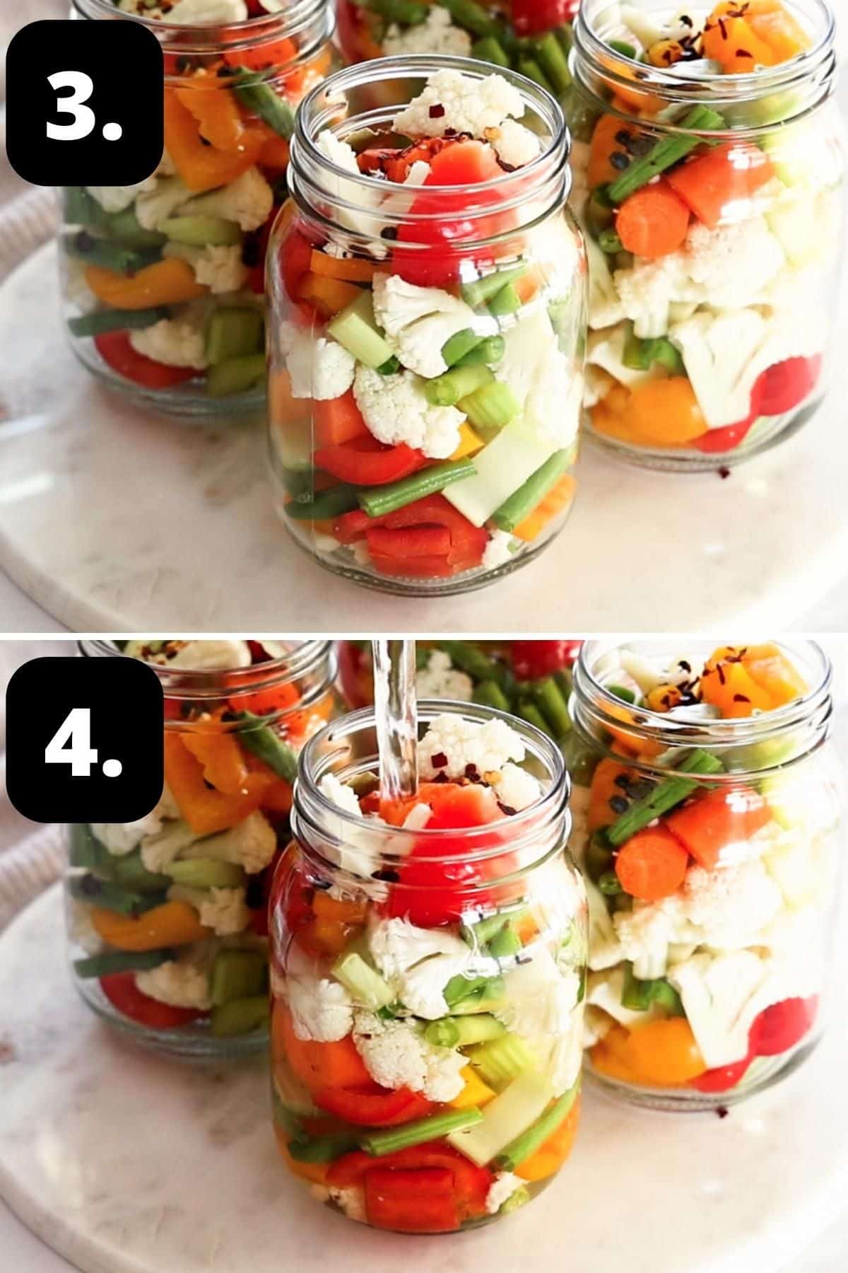 Steps 3-4 of preparing this recipe: jars filled with the vegetables and spices and topping the jars with the pickling brine.