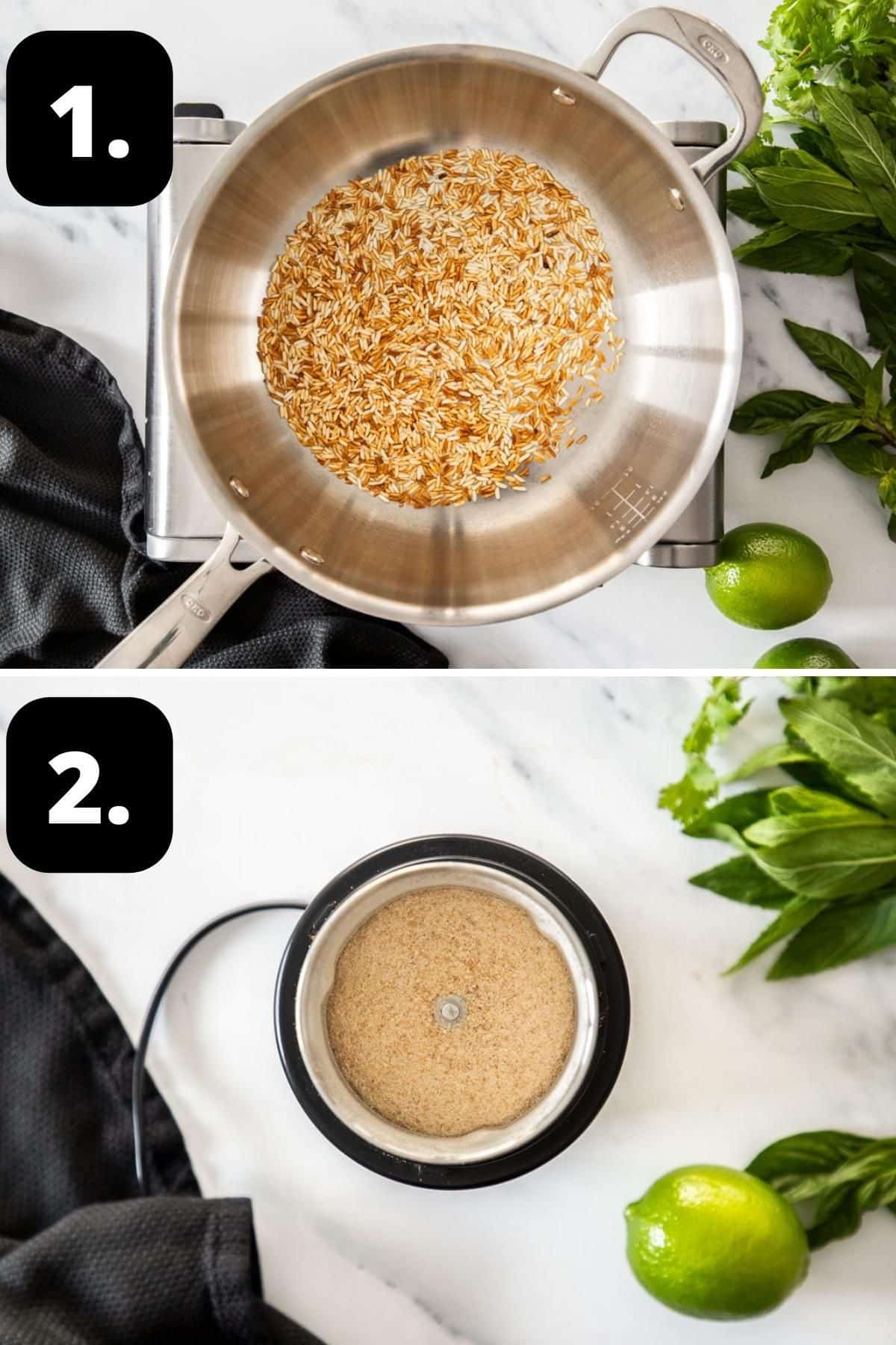 Steps 1-2 of preparing this recipe - toasting the rice and grinding it to a powder in a small blender.