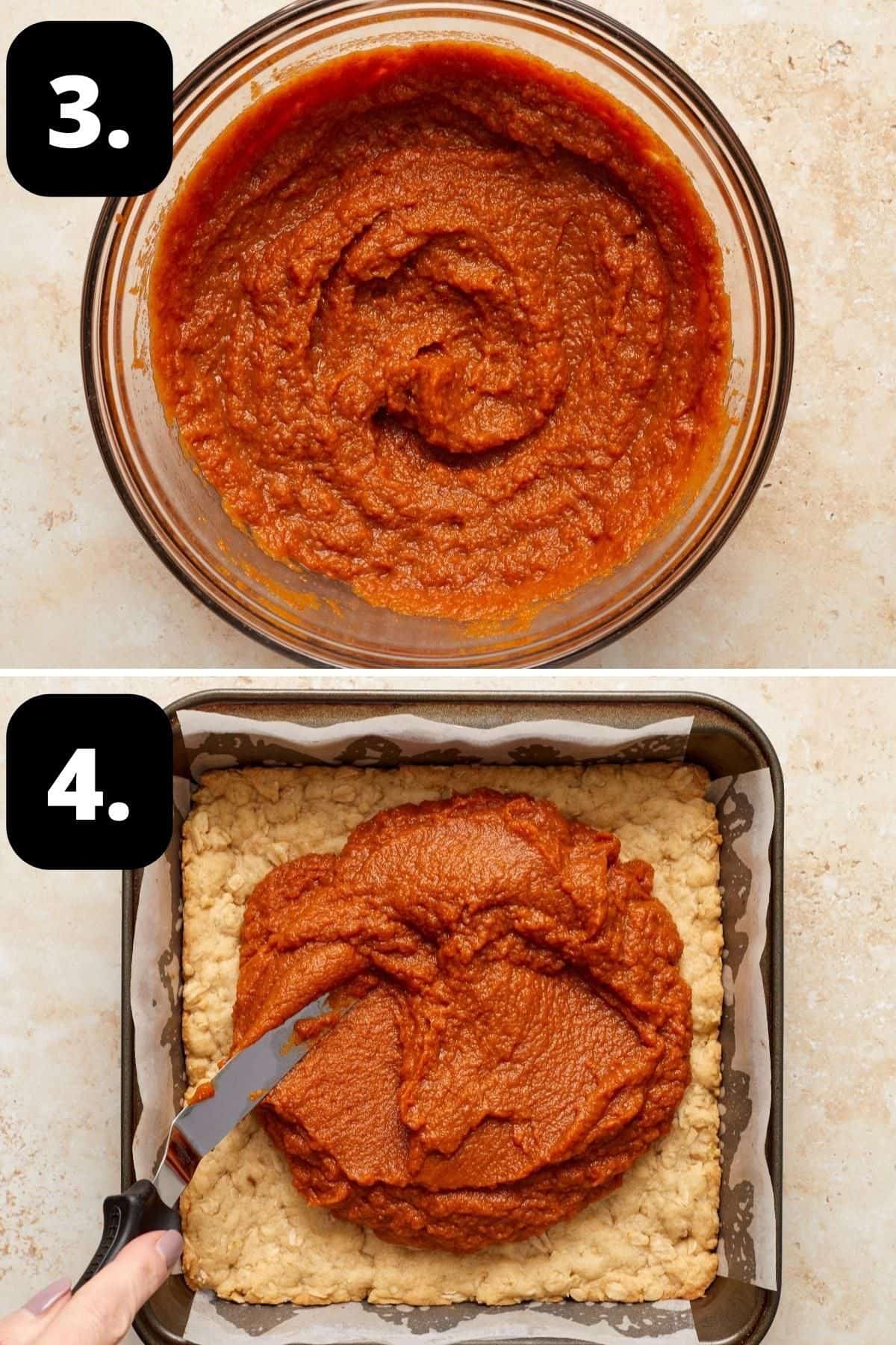 Steps 3-4 of preparing this recipe: preparing the pumpkin filling in a glass bowl and topping the base with the mixture.