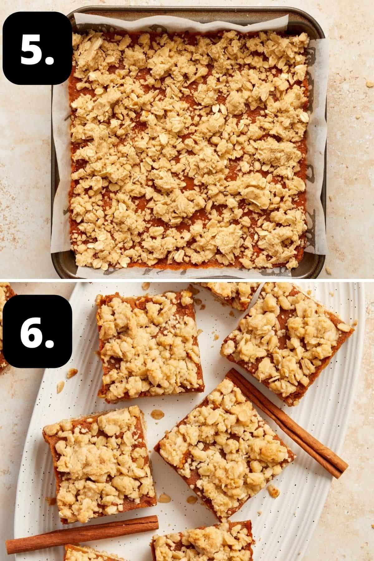 Steps 5-6 of preparing this recipe: the crumble topping on top of the pumpkin base and the cooked and cooled bars cut.