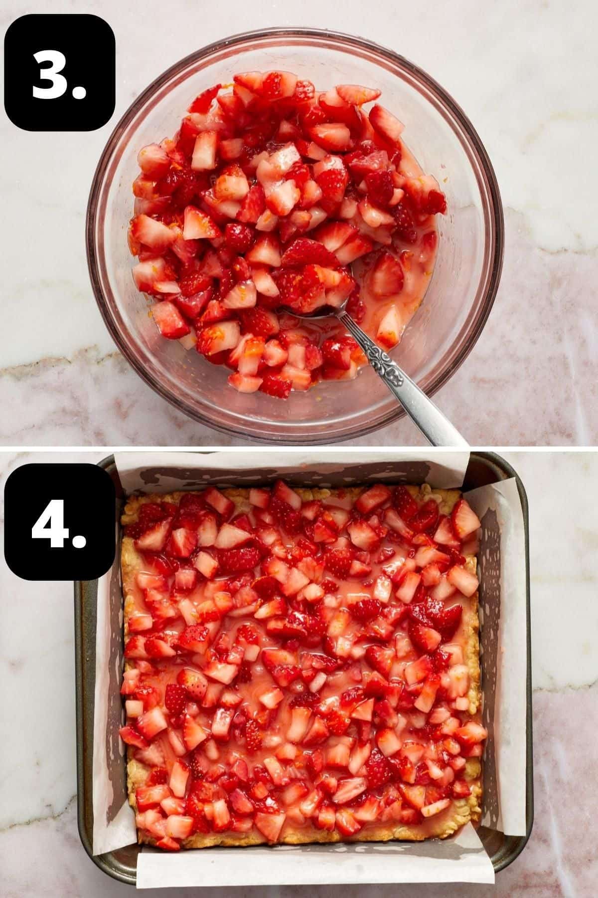 Steps 3-4 of preparing this recipe: the cut strawberries in a glass bowl and the strawberry mixture on top of the cooked base.