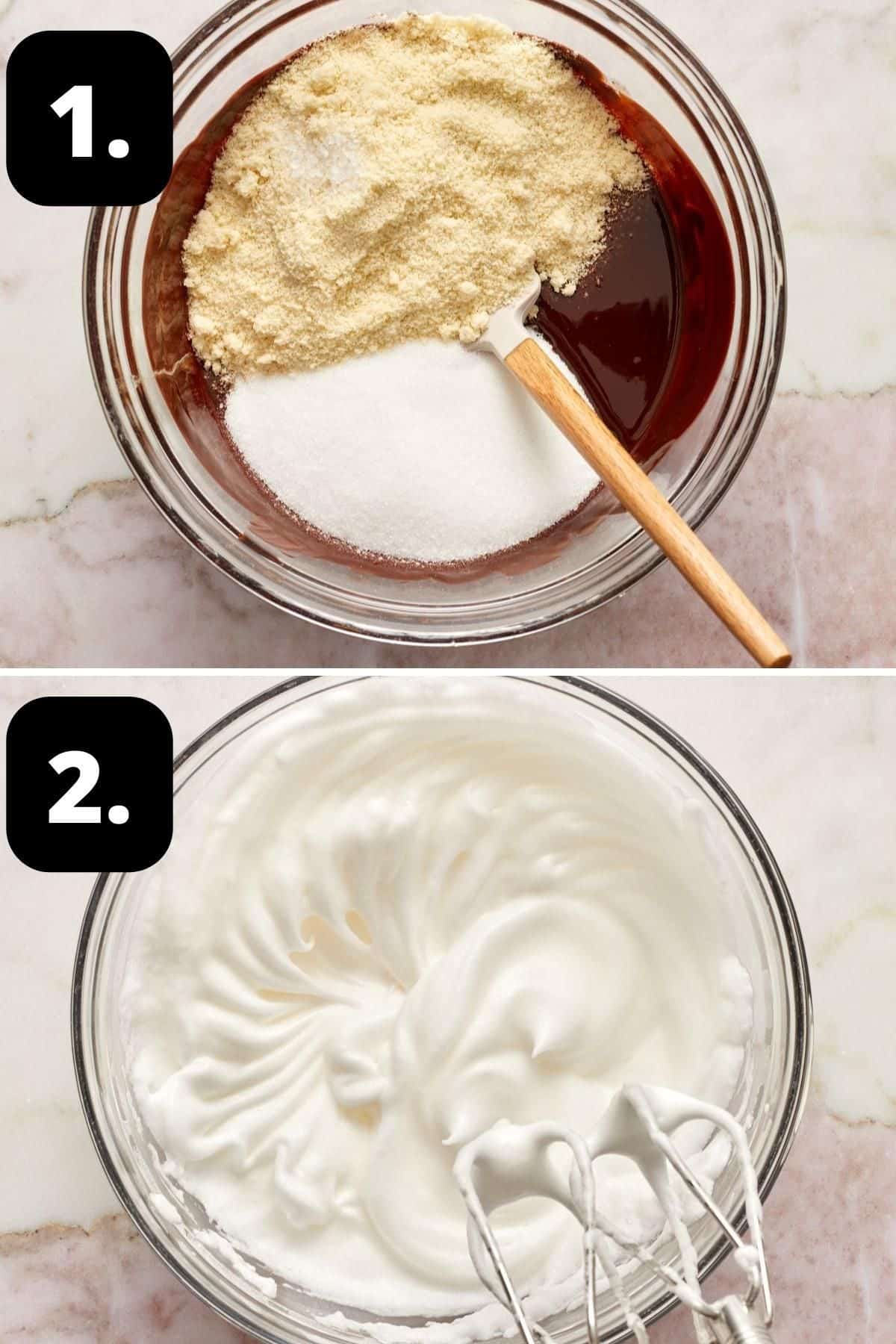 Steps 1-2 of preparing this recipe: the ingredients for the base of the cake in a glass bowl and the whipped egg whites.