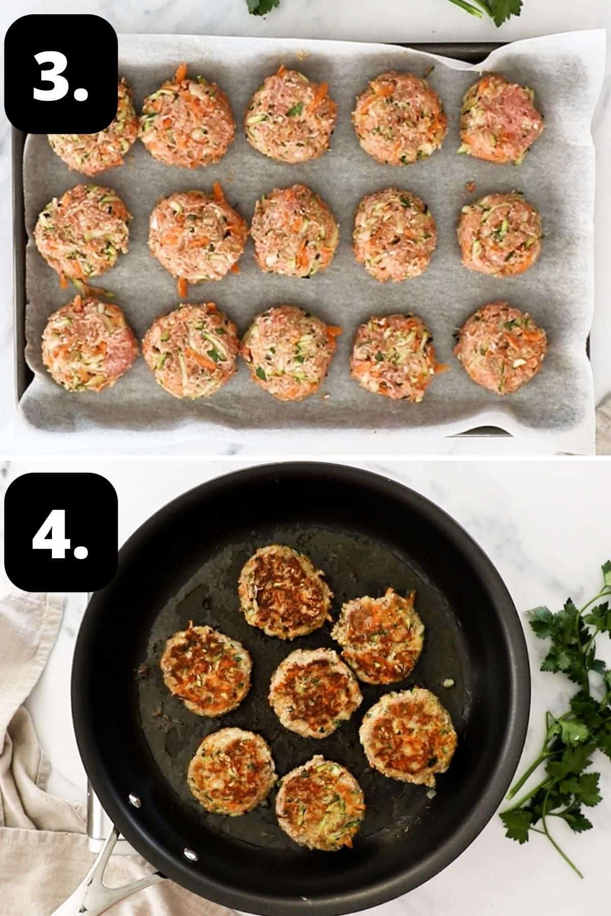 Steps 3-4 of preparing this recipe: the shaped patties on a baking tray and cooking a batch of patties in a frying pan.