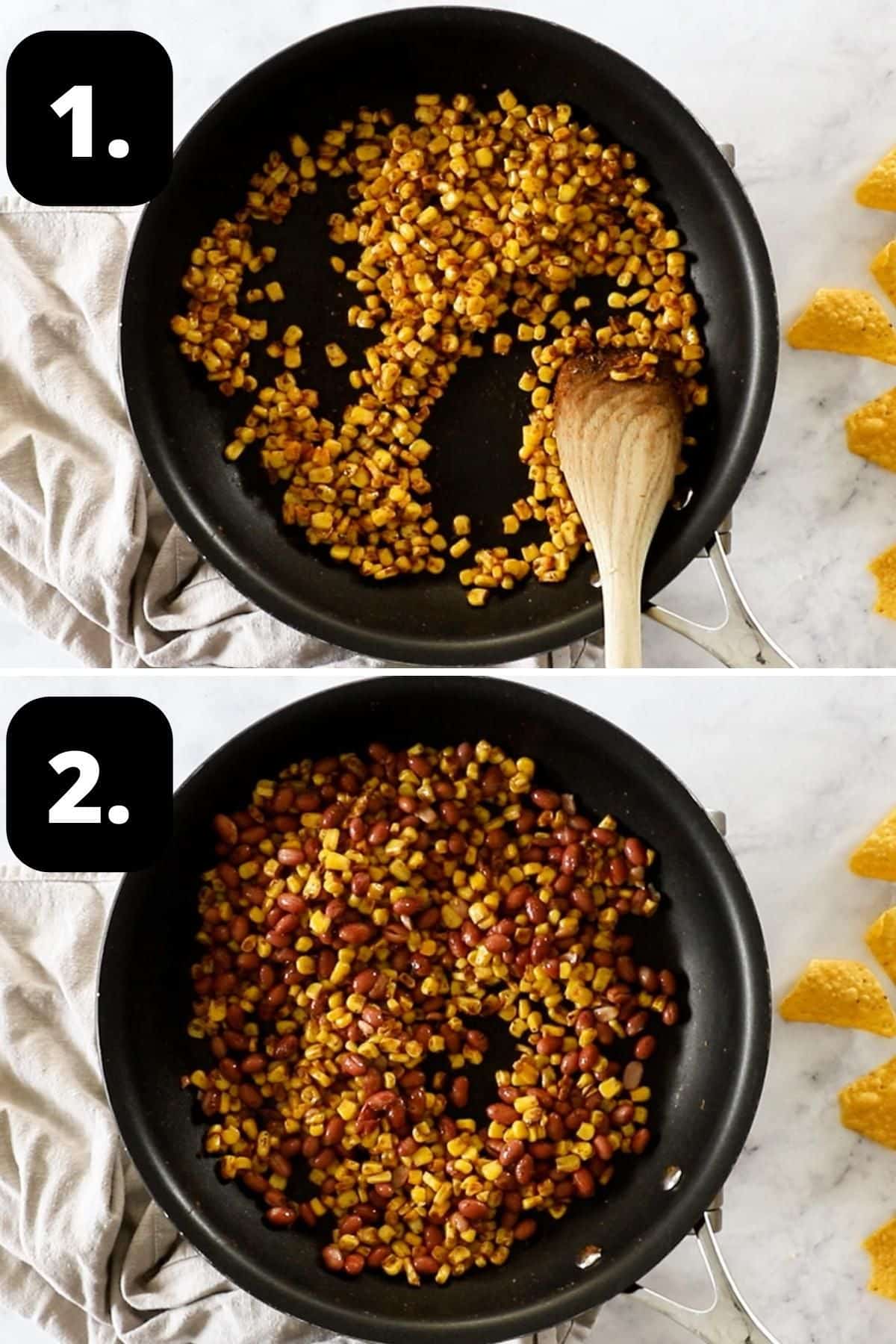 Steps 1-2 of preparing this recipe: sautéing the corn in a frying pan before adding the beans to the pan.