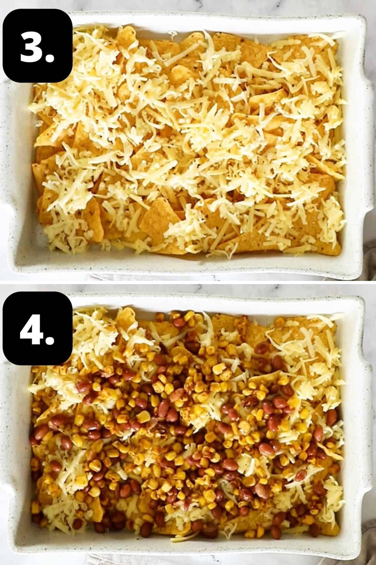 Steps 3-4 of preparing this recipe: the first layer of corn chips and cheese in a baking dish, and topped with beans and corn.