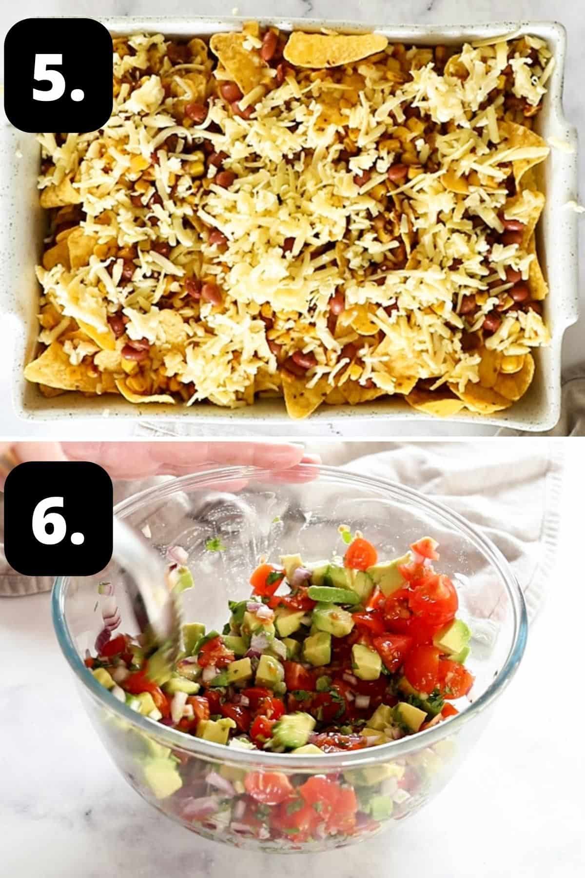 Steps 5-6 of preparing this recipe: the final layer of chips, cheese and beans and making the salsa topping in a glass bowl.
