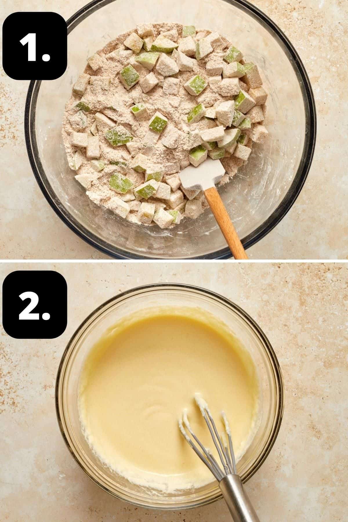 Steps 1-2 of preparing this recipe: dry ingredients and apple in a glass bowl and the wet ingredients in another bowl.