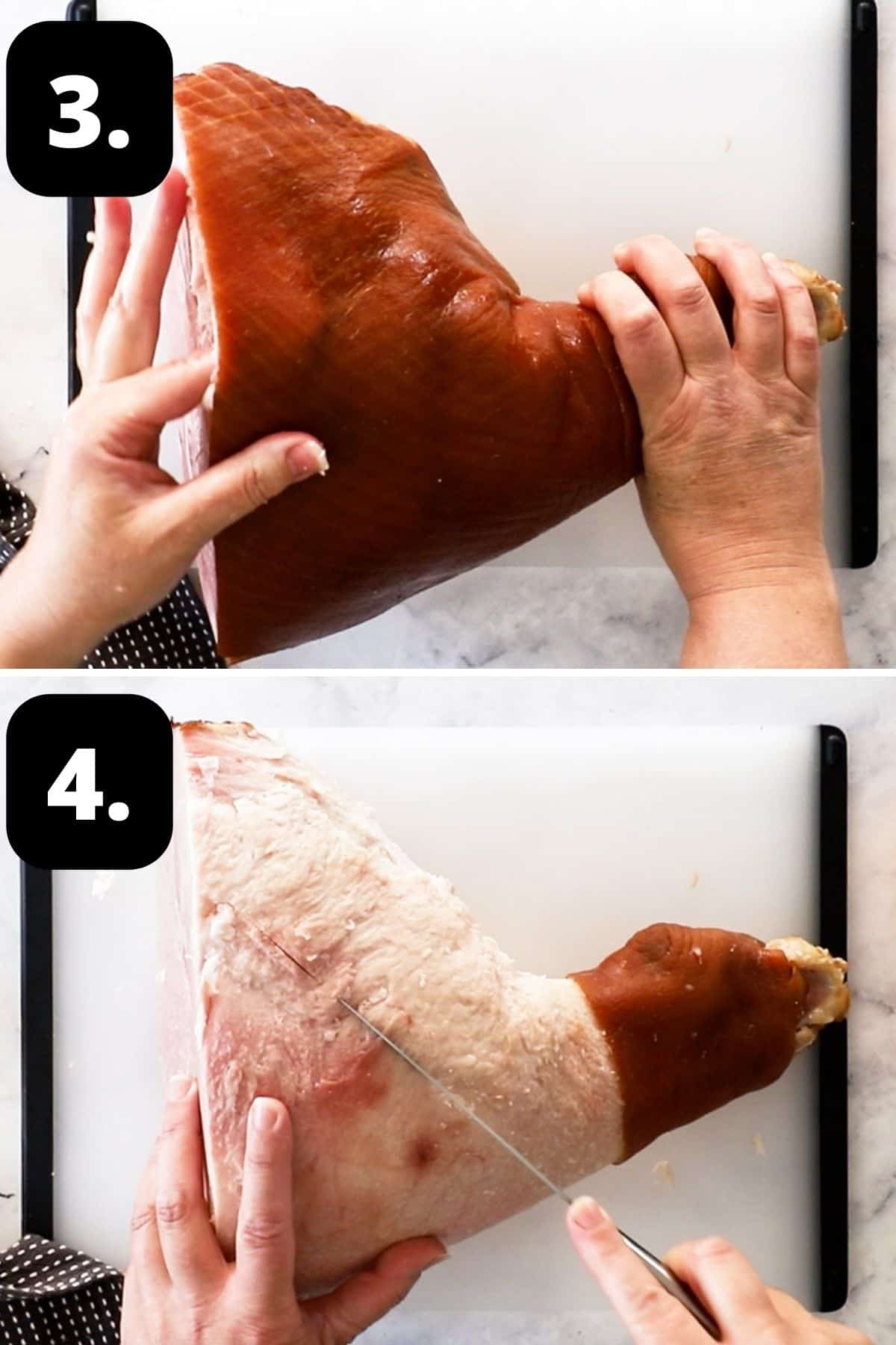 Steps 3-4 of preparing this recipe - sliding fingers under the skin to help ease it off and scoring the fat with a knife.