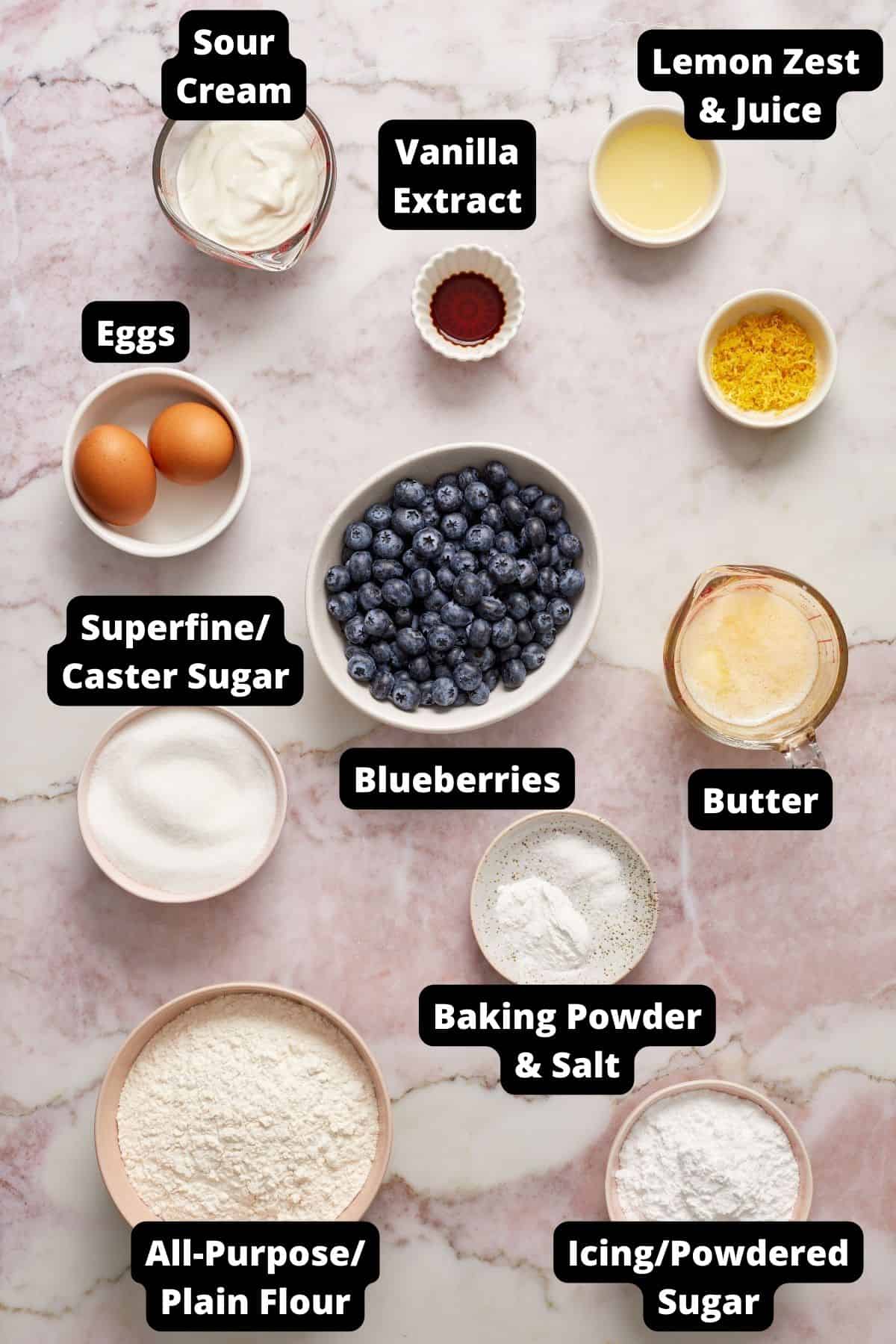 Ingredients in this recipe on a pink and white marble background.