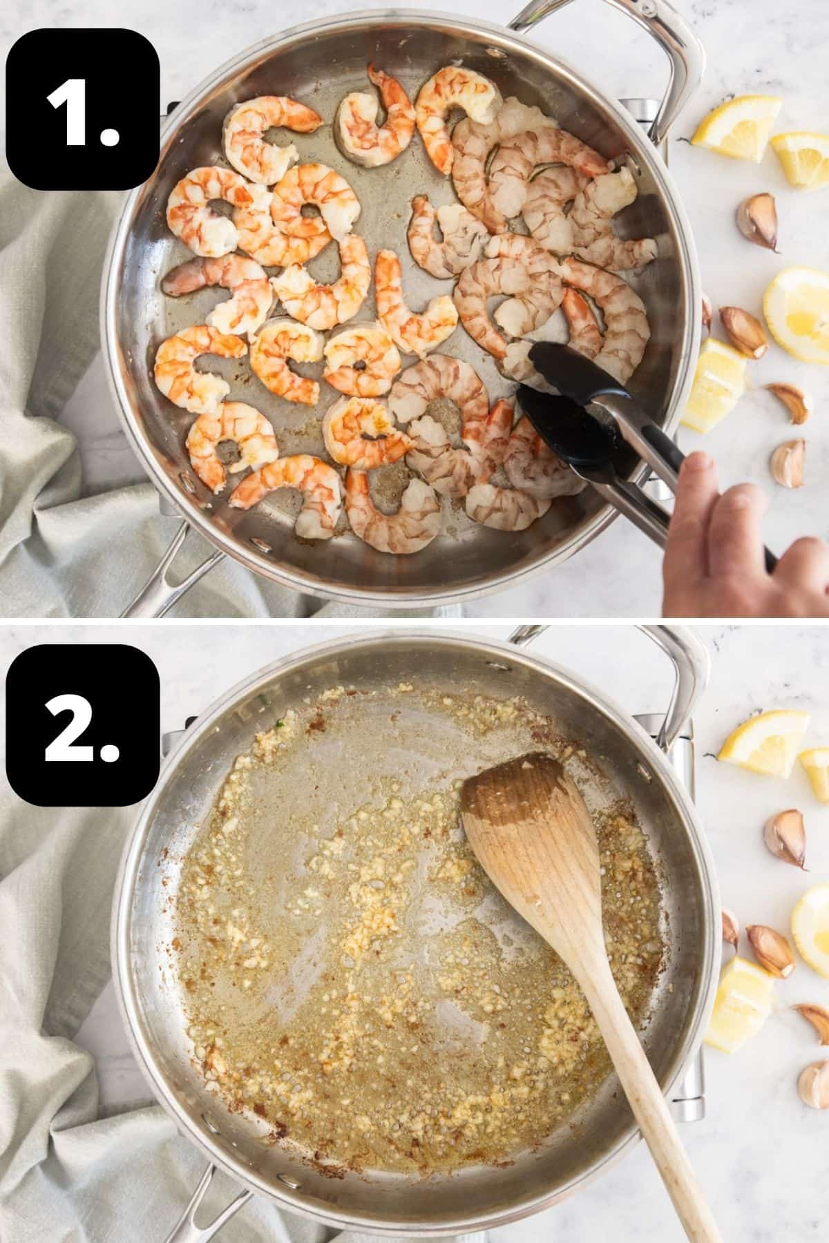 Steps 1-2 of preparing this recipe - cooking the prawns in a frying pan and then sautéing the garlic in the same pan.