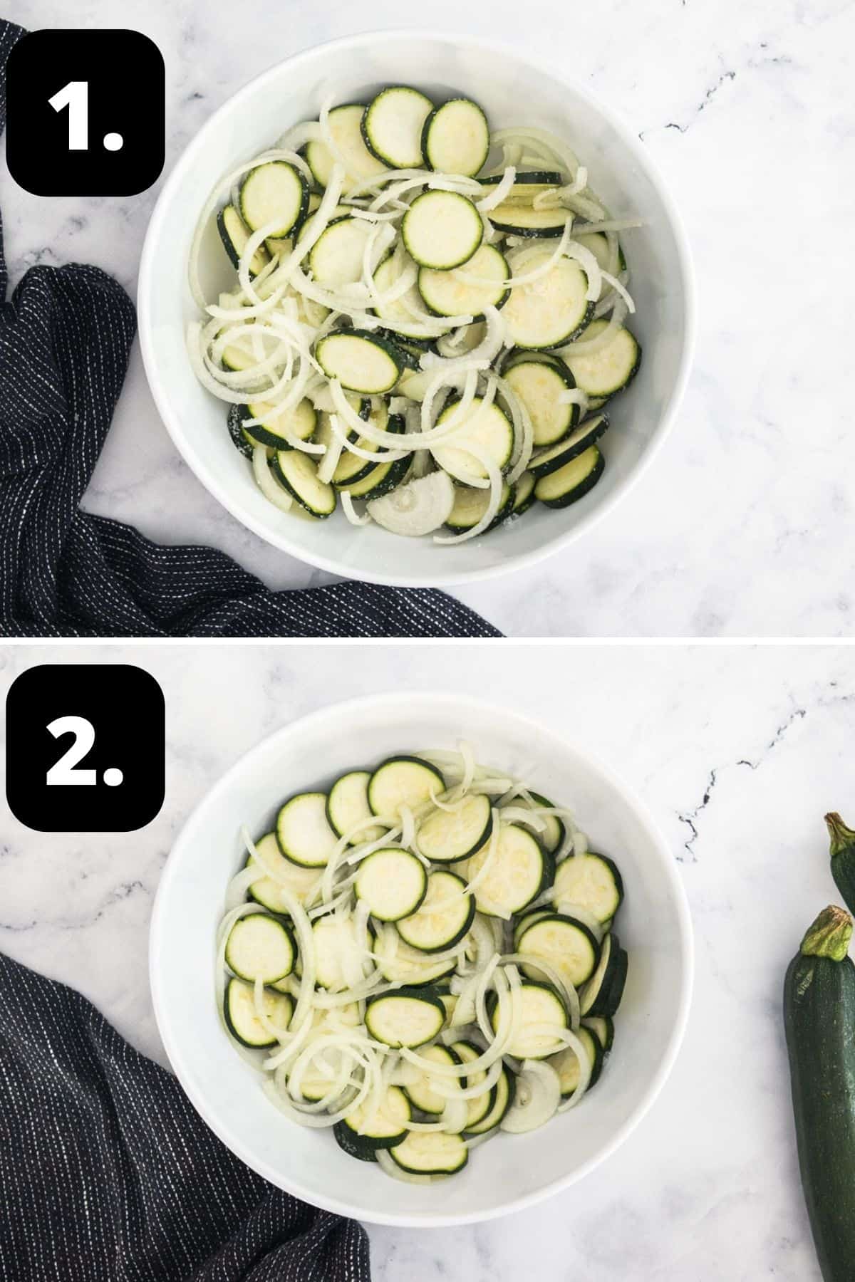 Steps 1-2 of preparing this recipe - the zucchini, onion and salt in a bowl and the mixture after four hours.