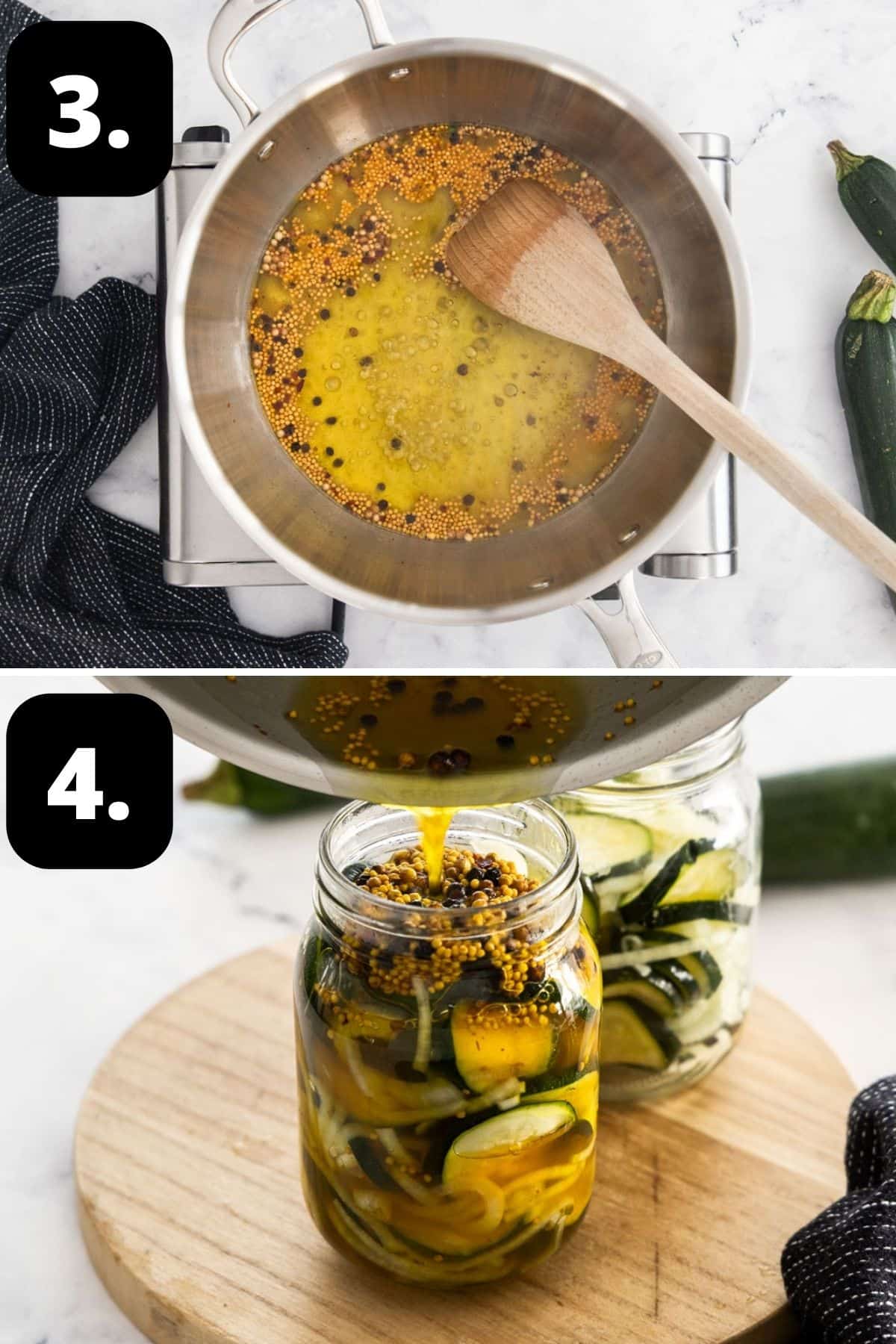 Steps 3-4 of preparing this recipe - preparing the pickling brine and pouring the brine into the jar with the zucchini.