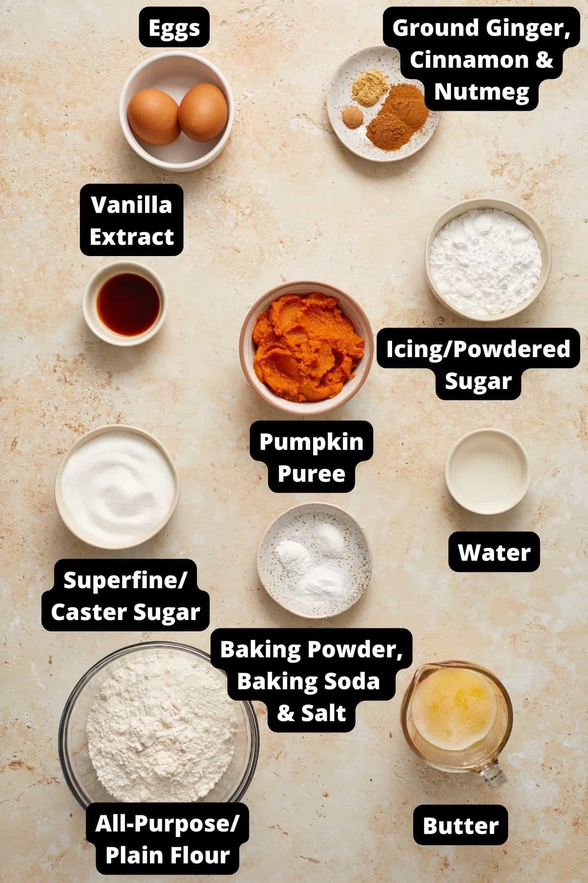 Ingredients in this recipe on a beige and white marble background.