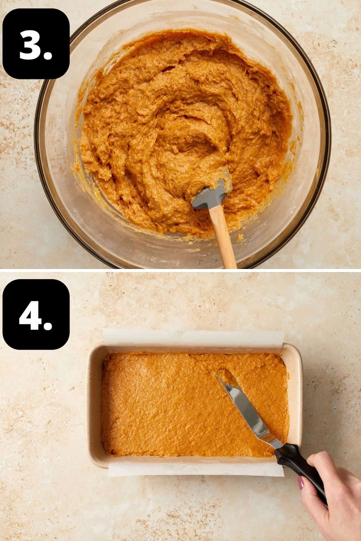 Steps 3-4 of preparing this recipe - the combined cake batter in a bowl and the mixture in a tin ready for the oven.