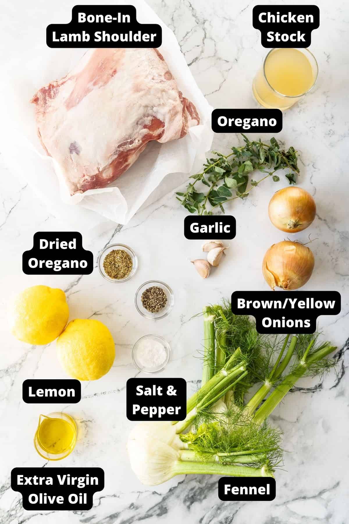 Ingredients in this recipe on a white and grey marble background.