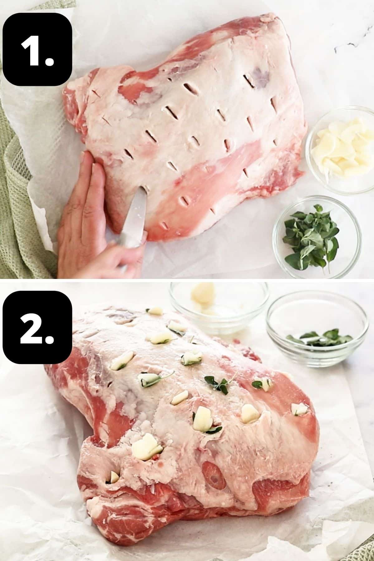 Steps 1-2 of preparing this recipe - cutting incisions into the lamb and filling them with the garlic and fresh oregano.