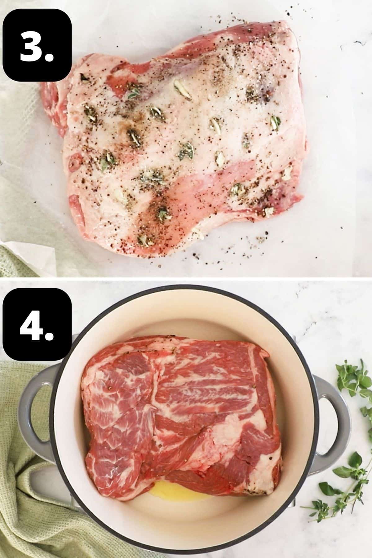 Steps 3-4 of preparing this recipe - seasoning the lamb with salt and pepper and browning it in a large Dutch Oven.