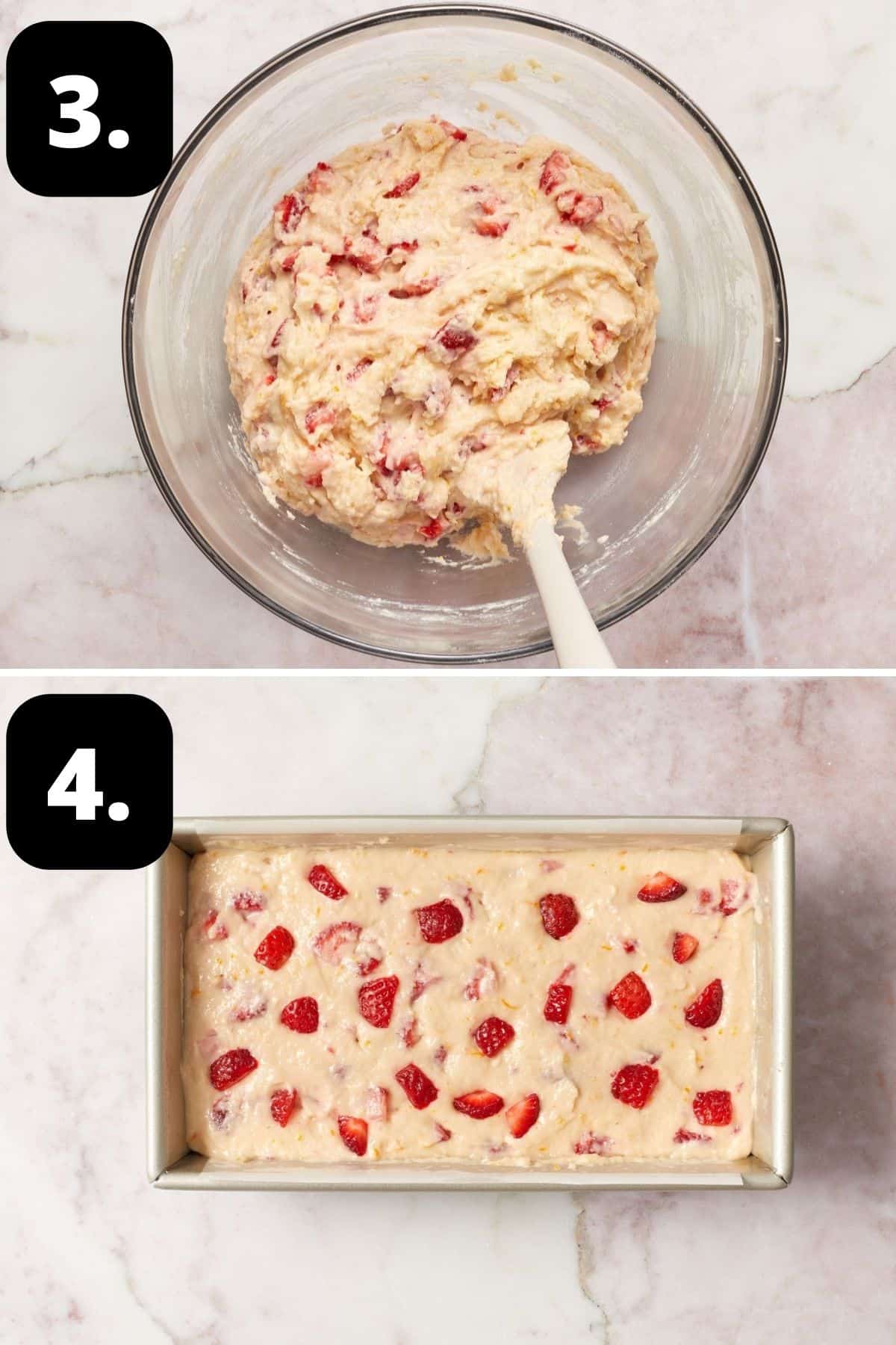 Steps 3-4 of preparing this recipe - the combined cake batter in a bowl and the mixture in a tin ready for the oven.