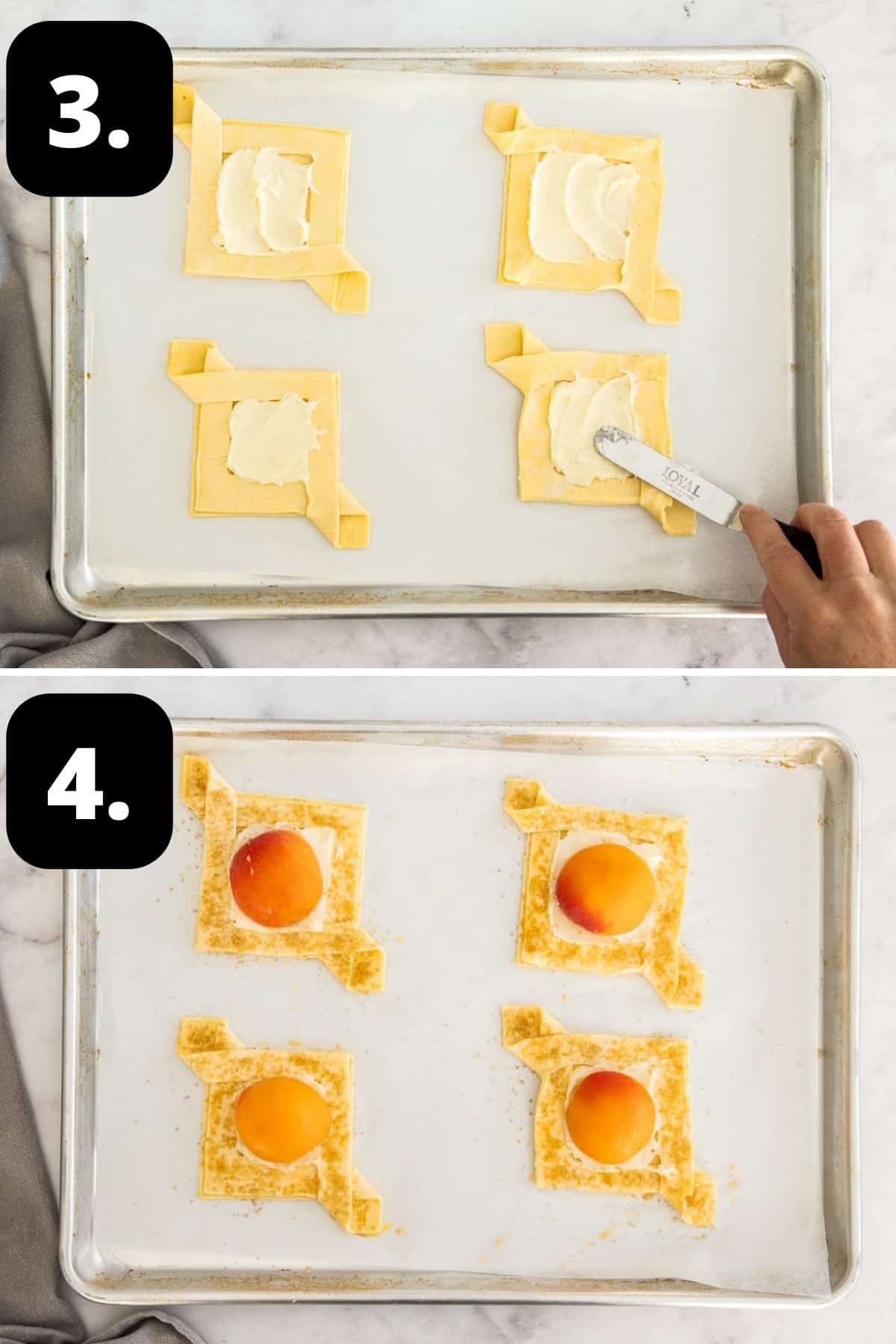 Steps 3-4 of preparing this recipe: adding the cream cheese to the pastry and topping with the apricot half.