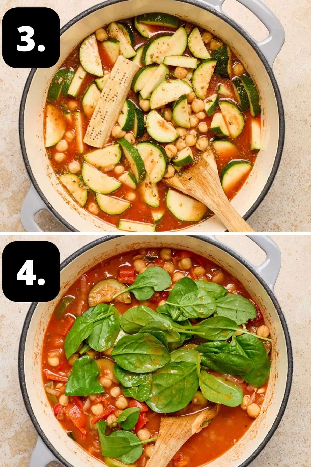 Steps 3-4 of preparing this recipe: the chickpeas and zucchini added to the pot and adding the baby spinach before serving.