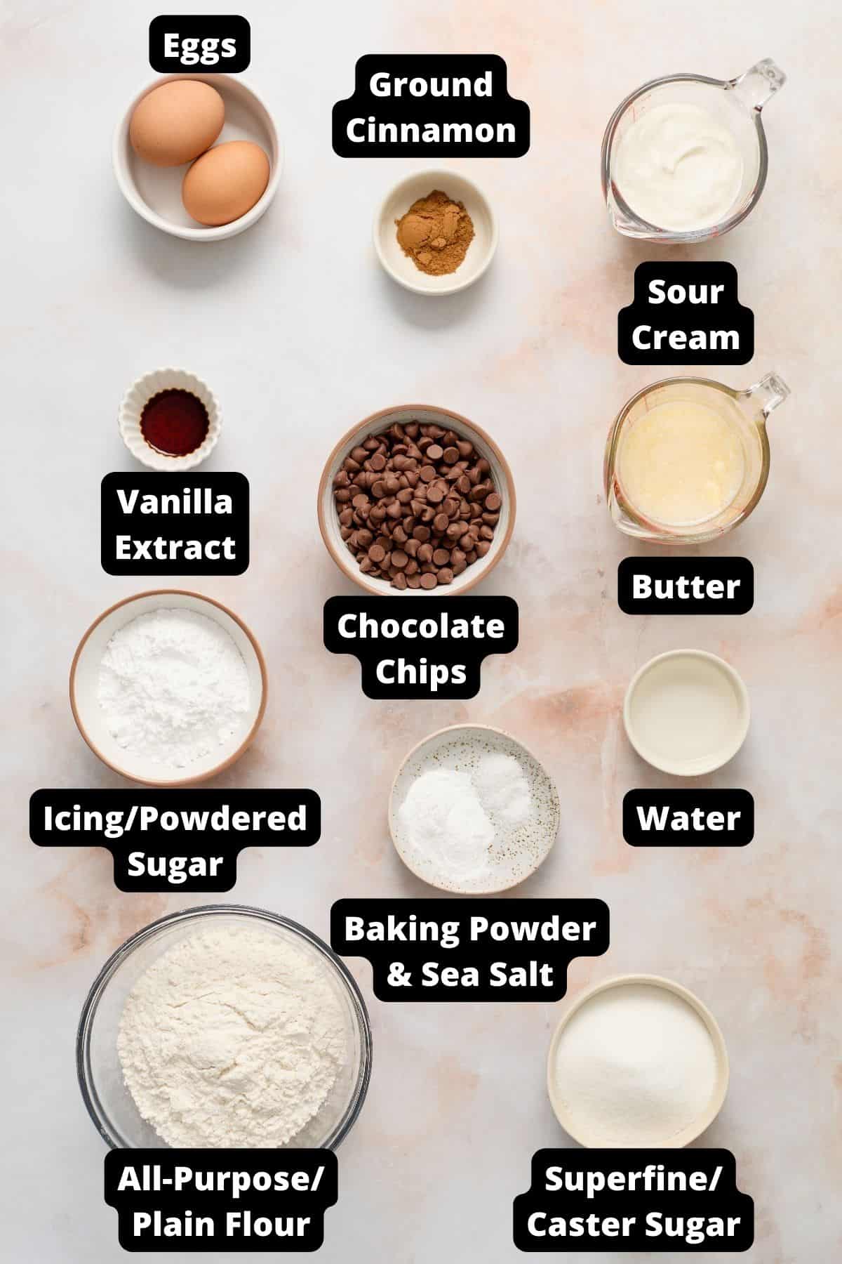 Ingredients in this recipe on a white and pink marble background.