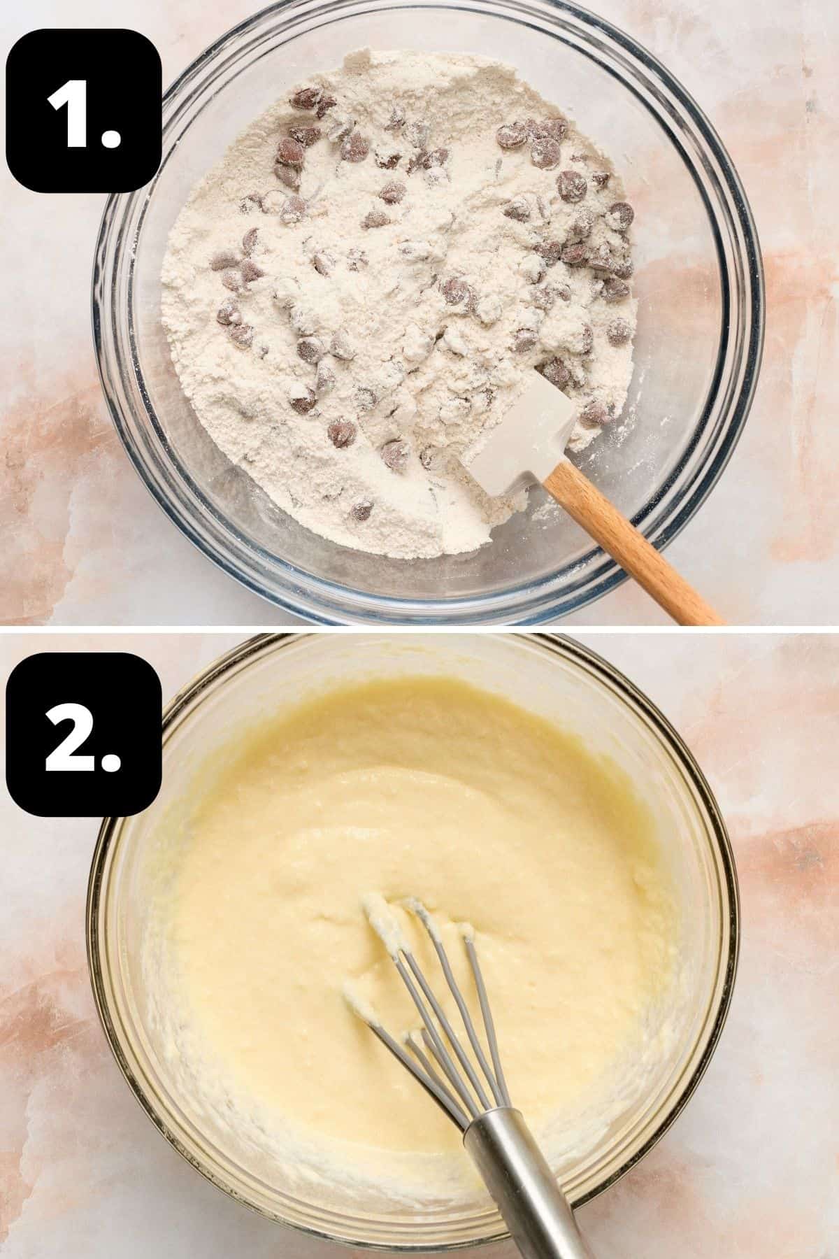 Steps 1-2 of preparing this recipe: dry ingredients and chocolate chips in a bowl and the wet ingredients in another bowl.