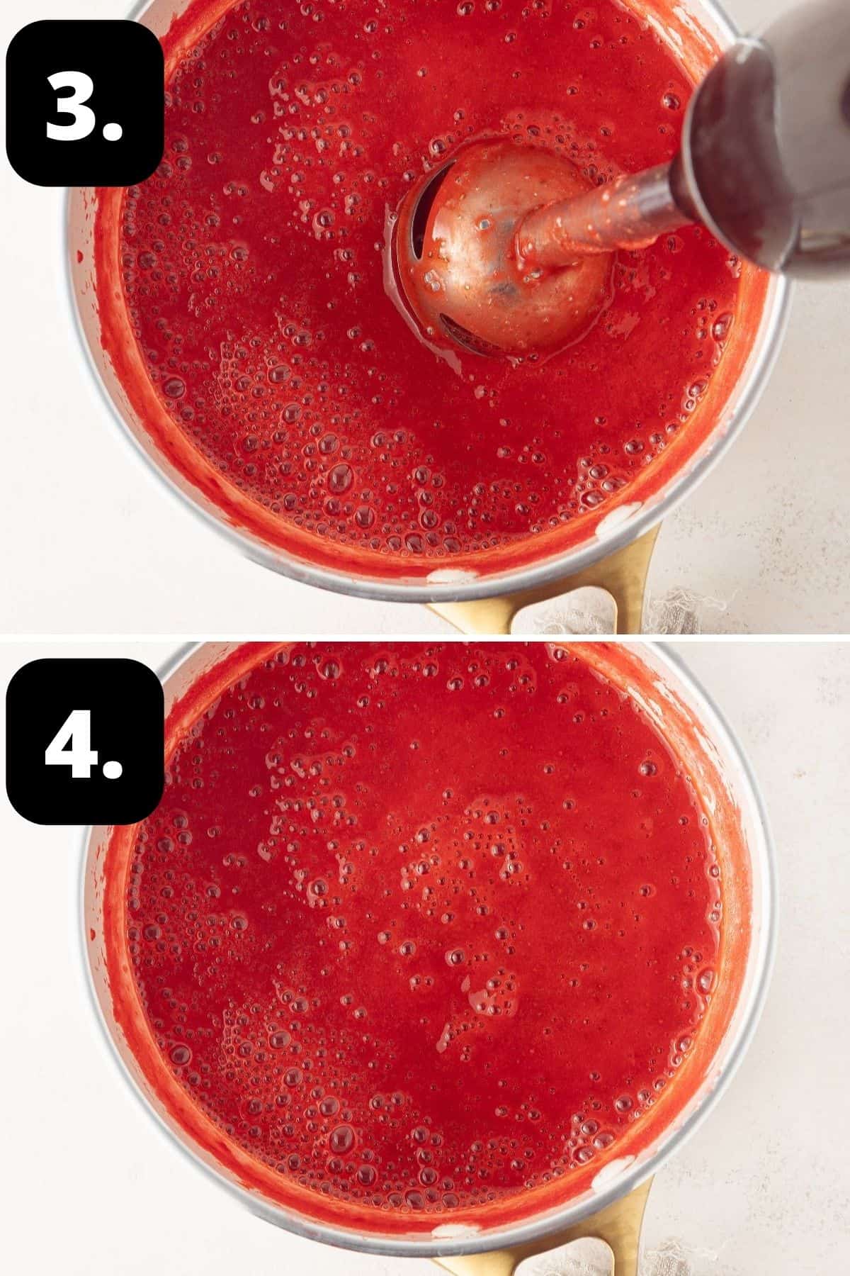 Steps 3-4 of preparing this recipe: blending the sauce using an immersion blender and the finished sauce.
