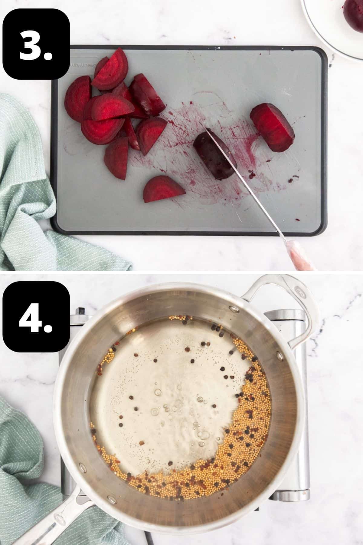 Steps 3-4 of preparing this recipe - slicing the beetroot and making the pickling brine.
