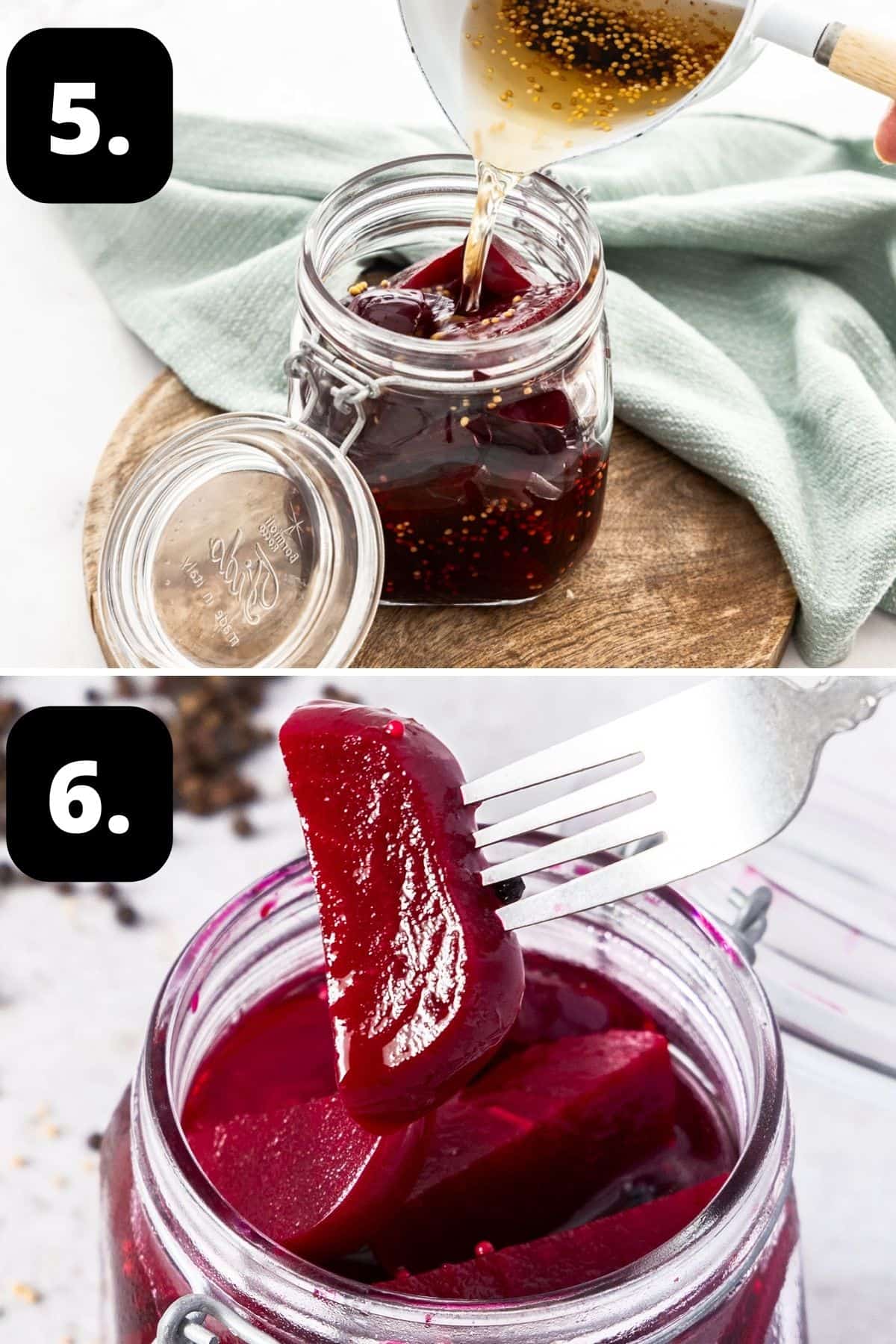 Steps 5-6 of preparing this recipe - adding the beetroot and brine to the jar and the pickled beetroot ready to eat.